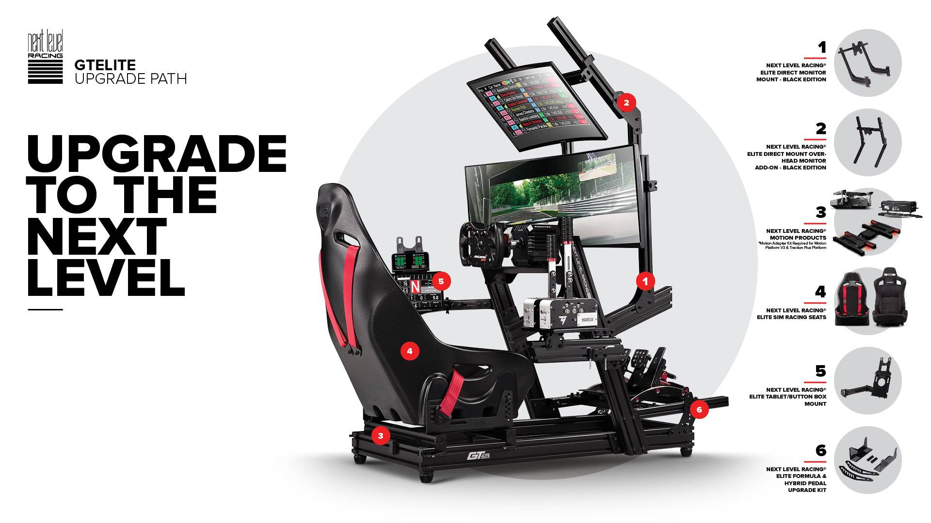 Next Level Racing GTElite racing simulator cockpit with front and side mounts, black metal chassis for sim racing setups.