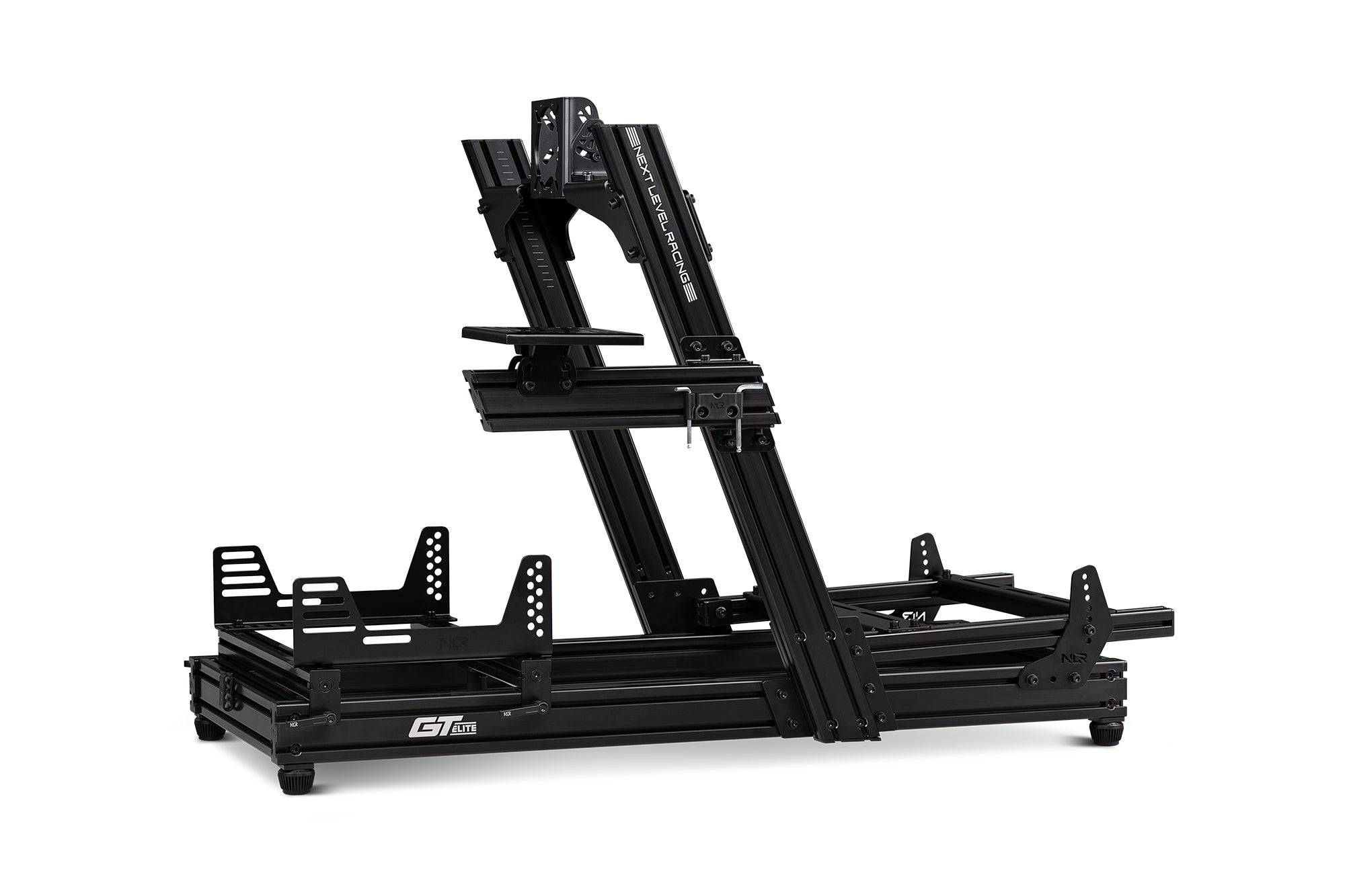 Next Level Racing GTElite racing simulator chassis with front and side mount, featuring a sturdy frame and racing seat for immersive sim racing.