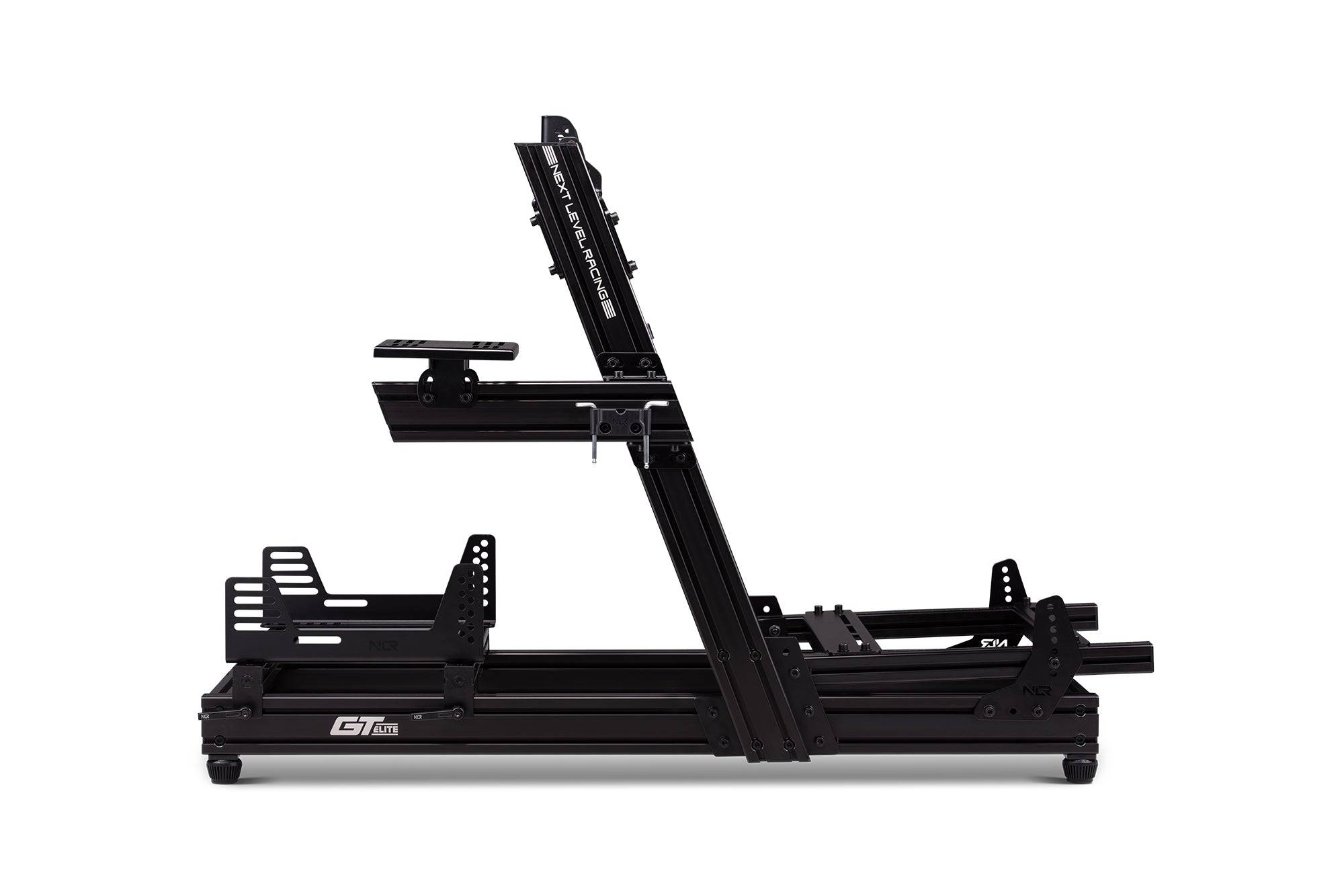 Next Level Racing GT Elite racing simulator cockpit with front and side mount setup, featuring sturdy frame and adjustable components.