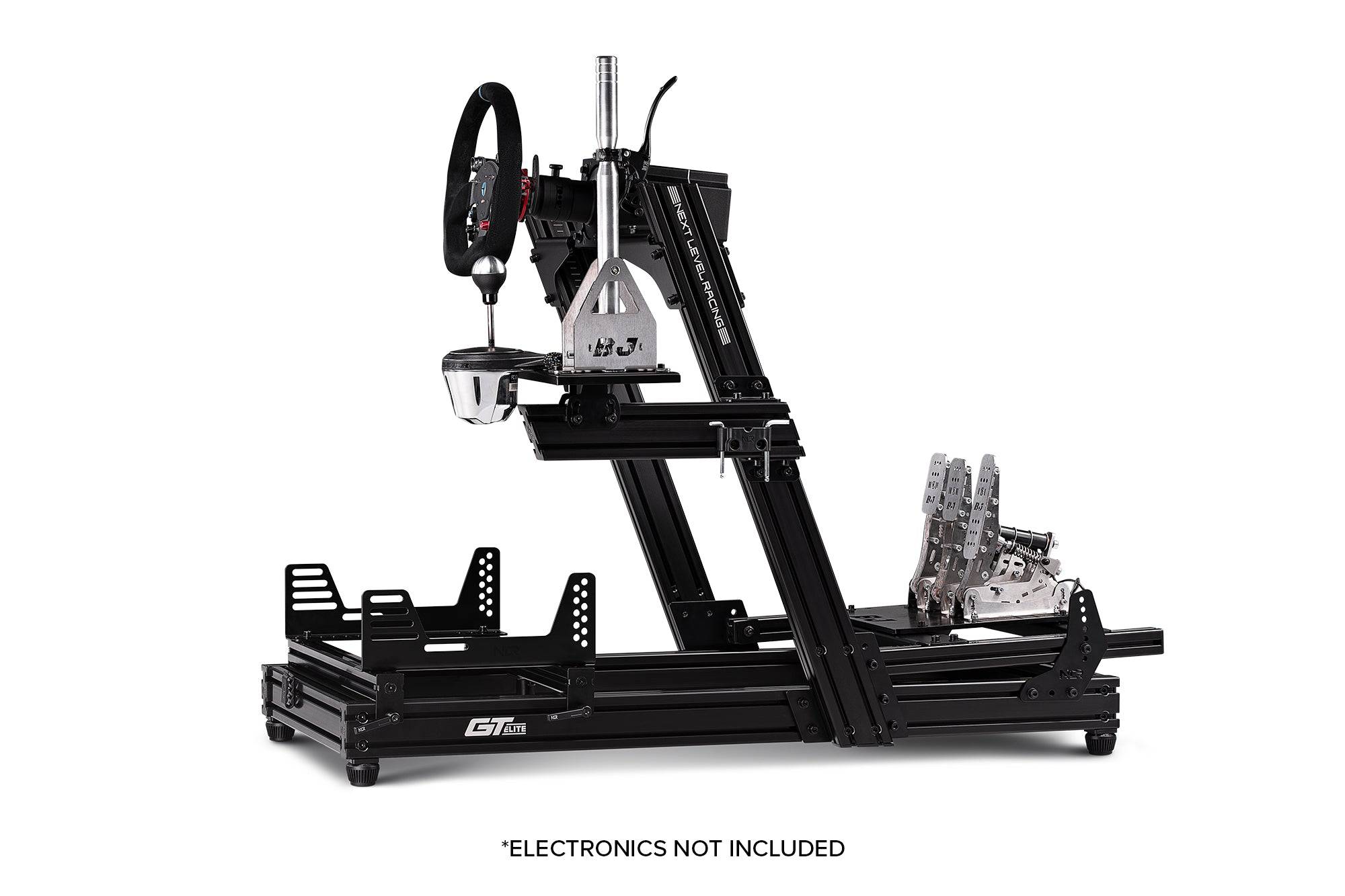 Next Level Racing GTELite sim racing simulator chassis with front and side mounts, black metal frame and adjustable components.