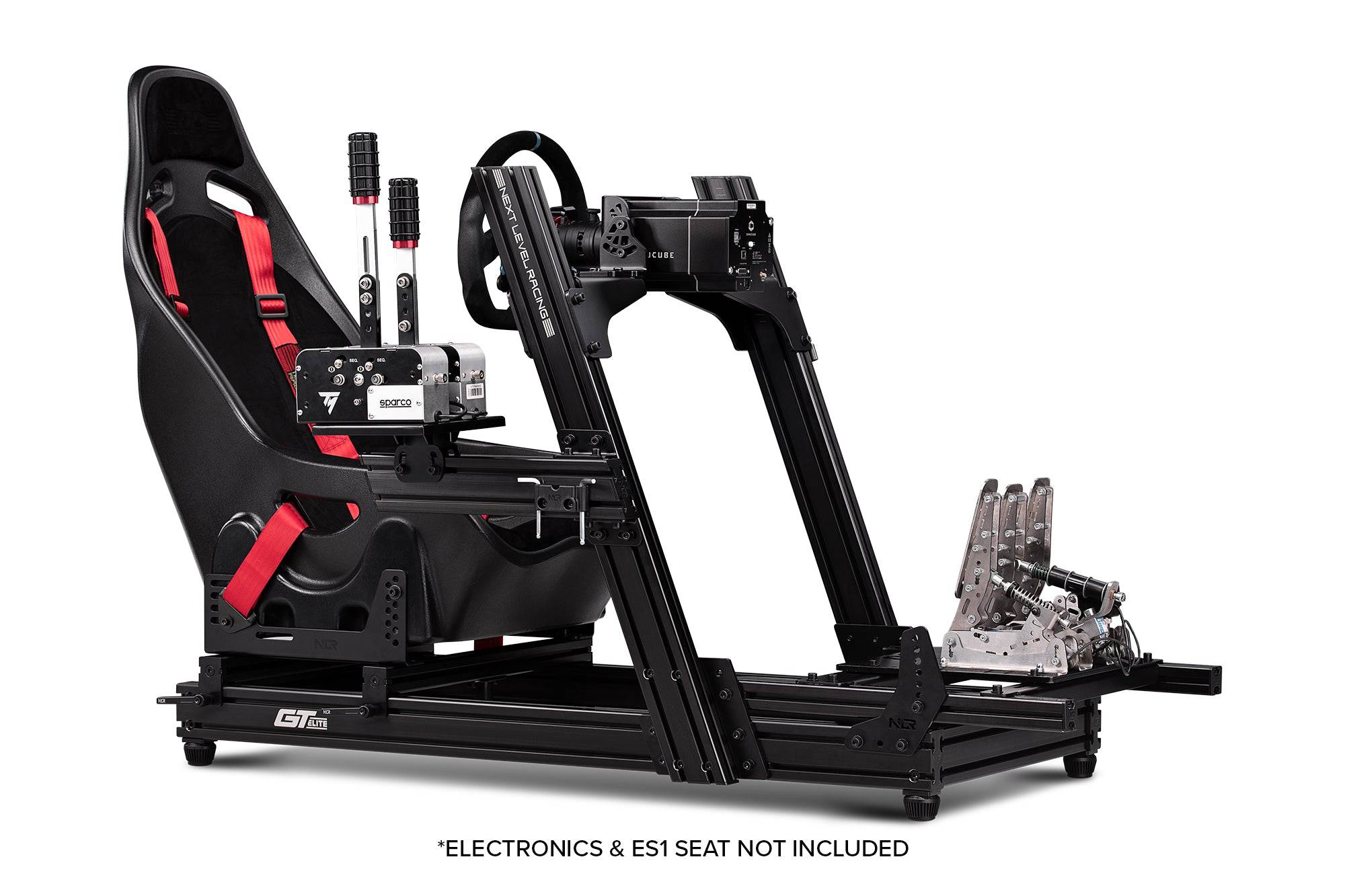 Next Level Racing GTELite racing simulator cockpit with front and side mounts, sturdy frame, and adjustable racing chassis setup.