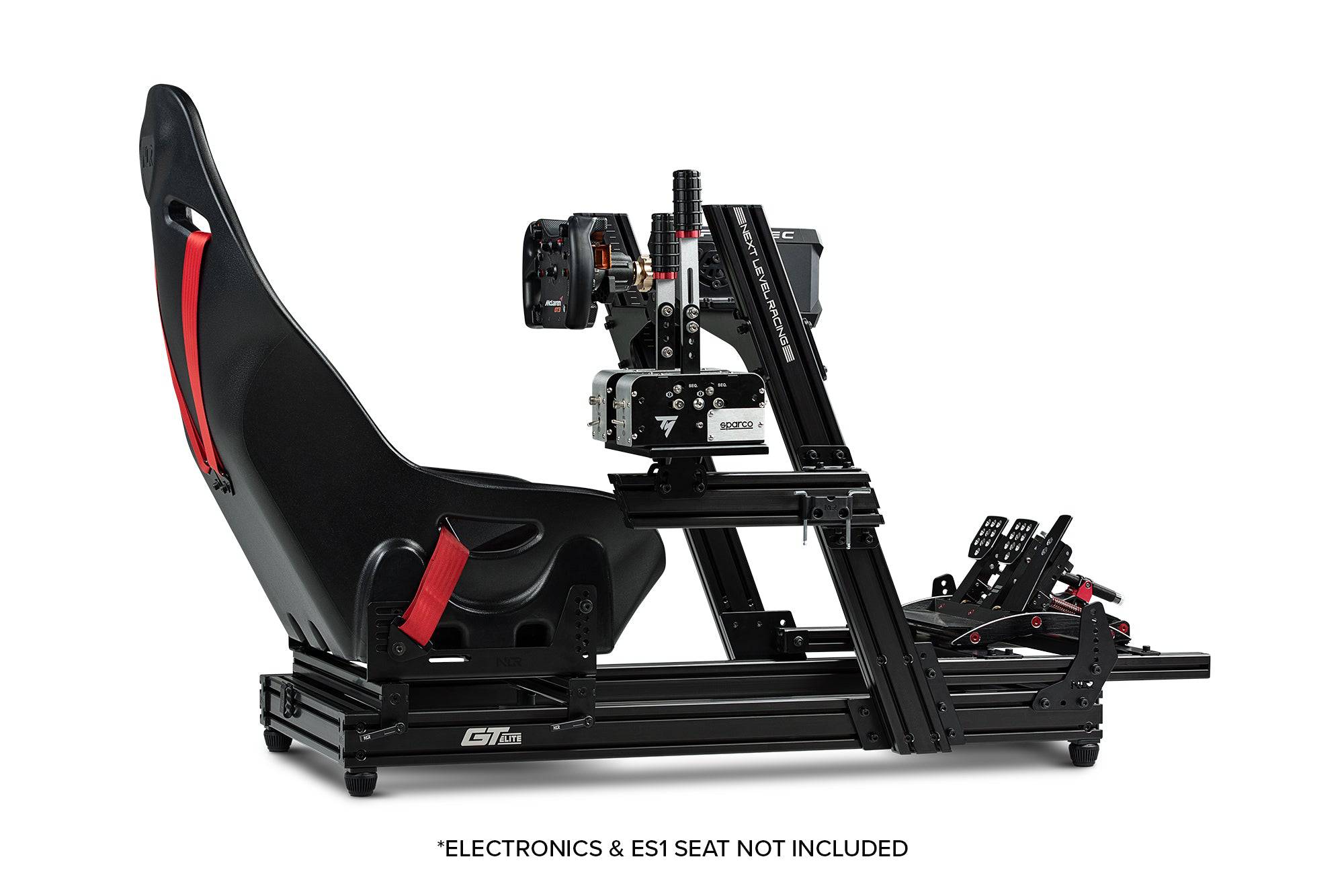 Next Level Racing GTElite racing simulator cockpit with front and side mount setup, featuring a sturdy frame and adjustable components.