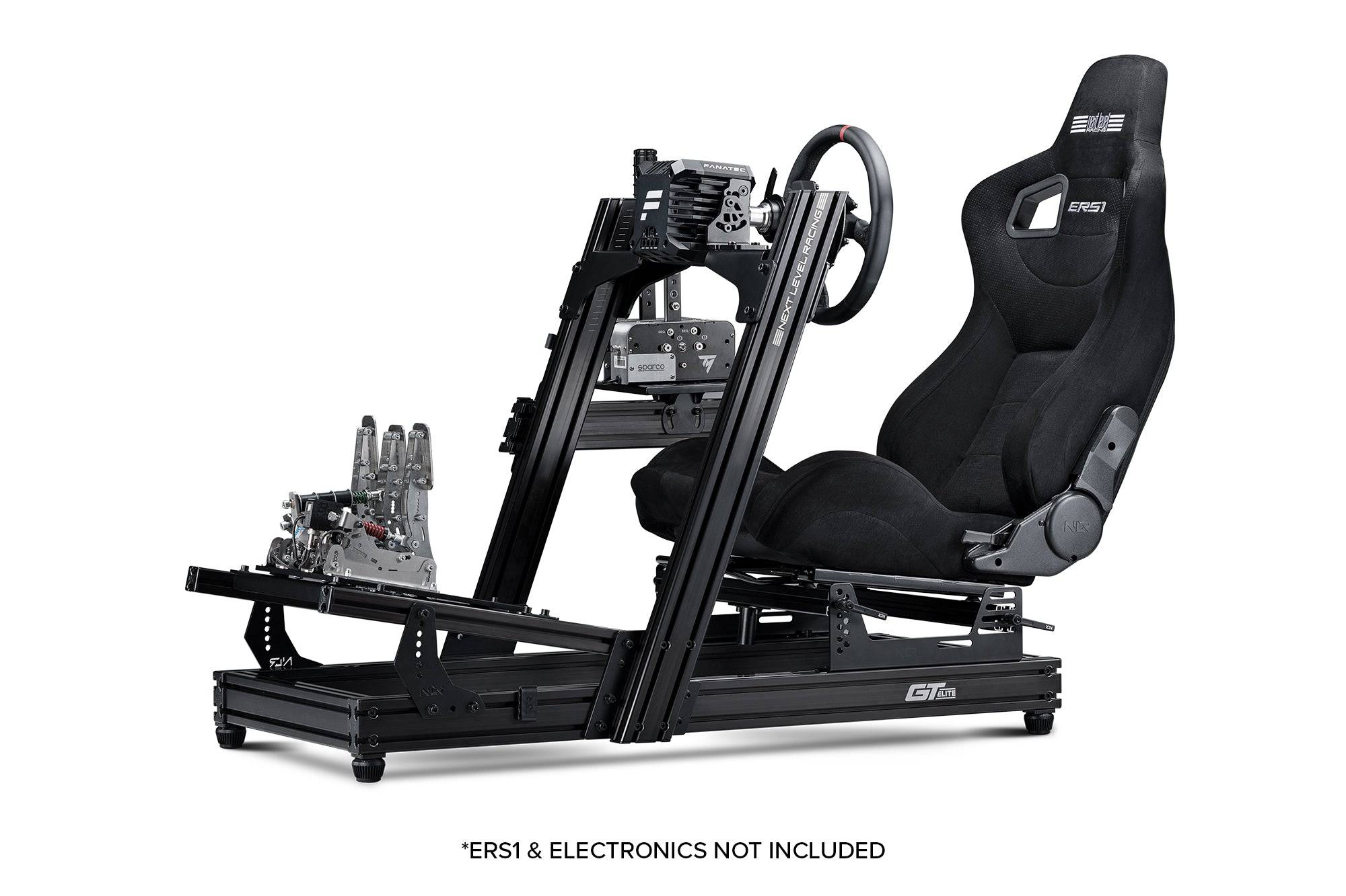Next Level Racing GTELite racing simulator chassis with front and side mounts, featuring a sturdy black frame and adjustable mounts.