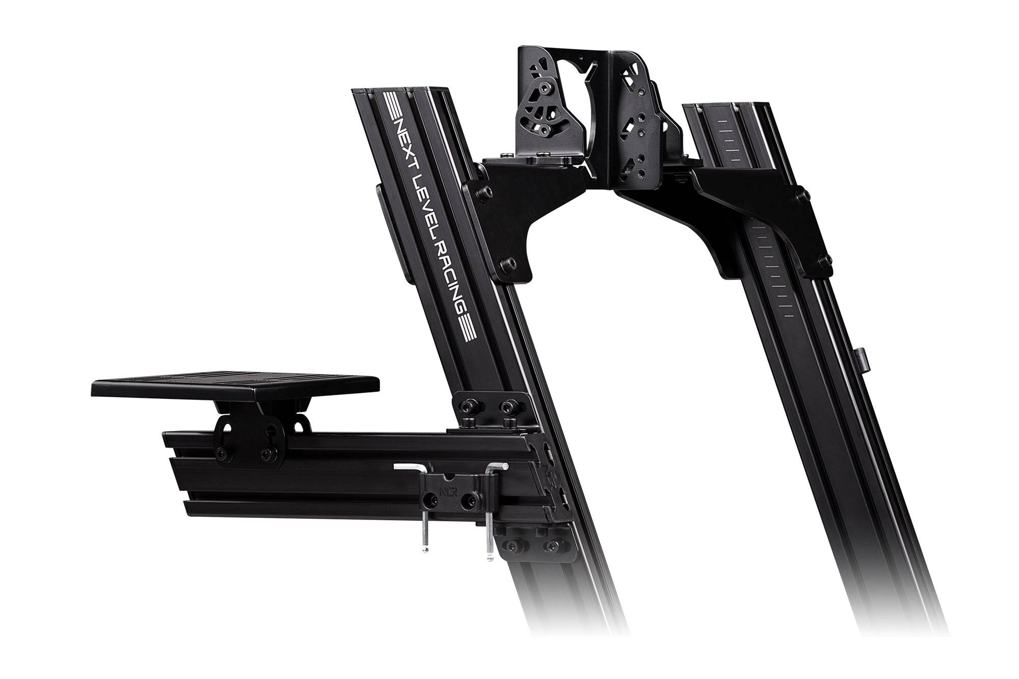 Next Level Racing GTElite racing simulator cockpit with front and side mount setup, sturdy chassis for immersive sim racing.