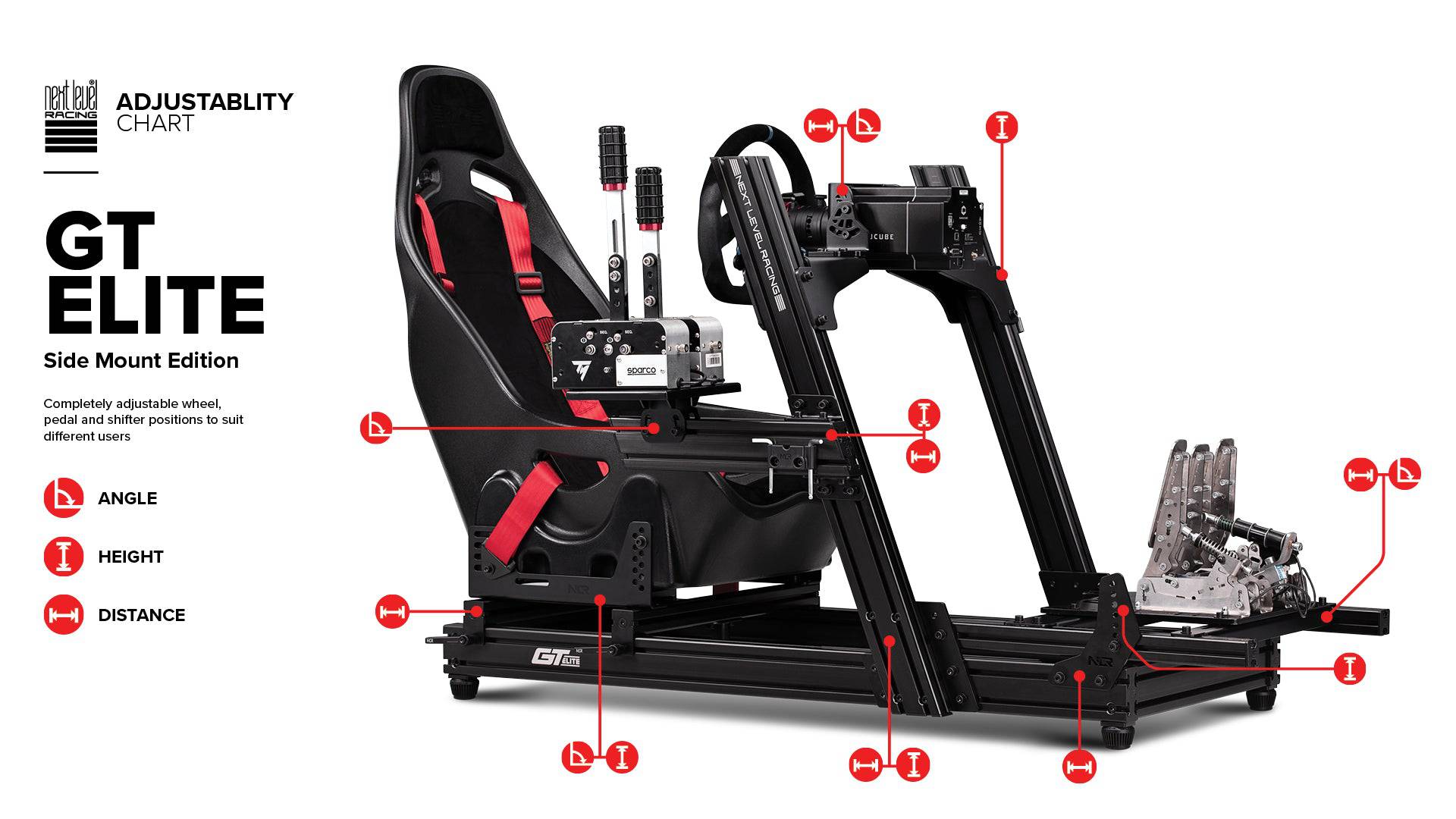 Next Level Racing GTELite racing simulator cockpit with front and side mounts, black chassis for realistic sim racing setup.