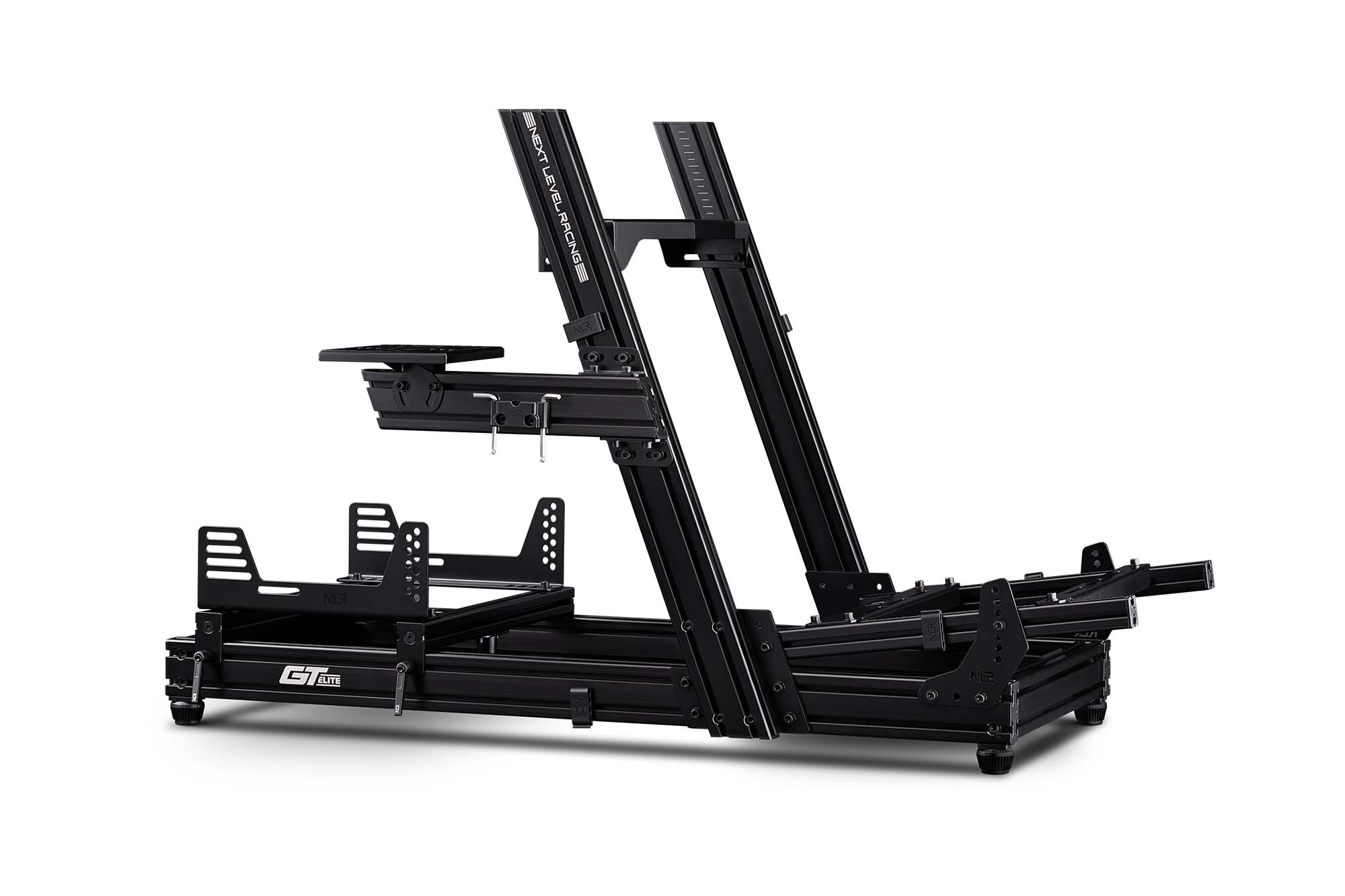 Next Level Racing GTElite racing simulator cockpit with wheel plate edition showing sturdy chassis and mounting area for racing wheel.