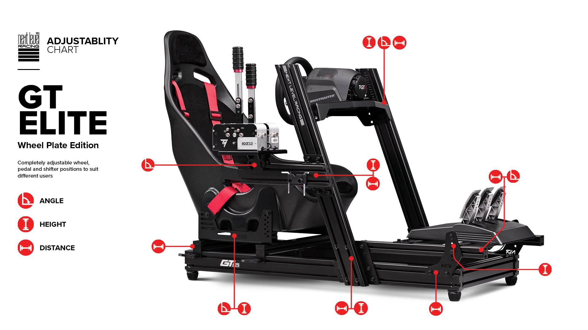 Next Level Racing GTElite racing simulator cockpit with wheel plate edition, sturdy black chassis for realistic driving experience.
