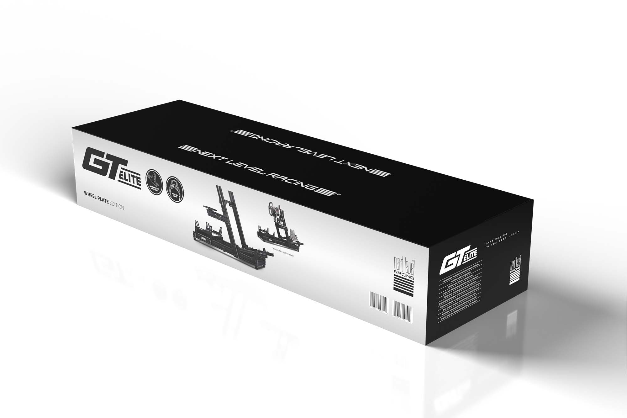 Next Level Racing GT Elite racing simulator cockpit with wheel plate edition, shown with adjustable racing chassis and steering wheel mount