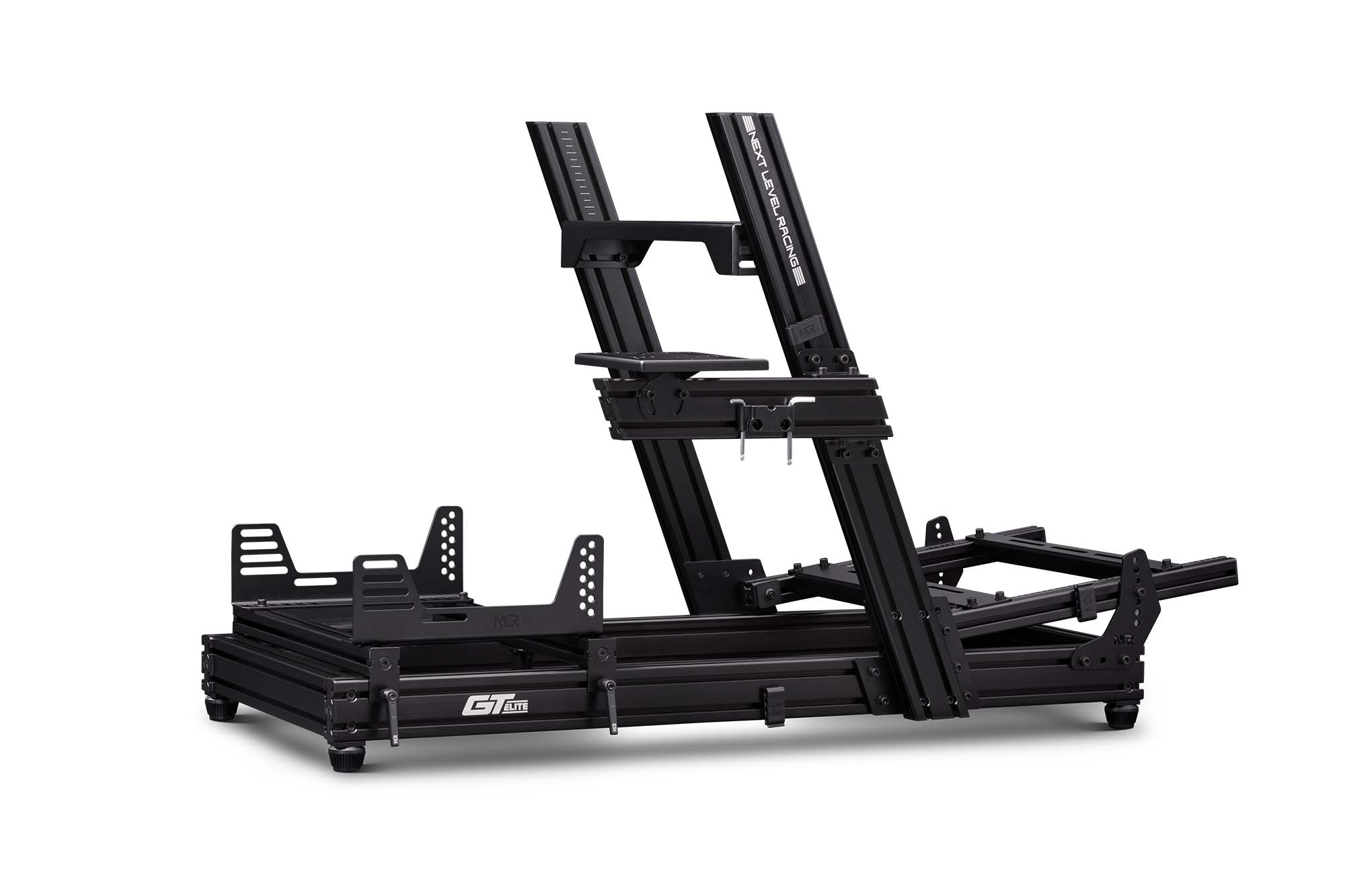 Next Level Racing GT Elite racing simulator cockpit with wheel plate edition, featuring sturdy chassis and adjustable racing setup.
