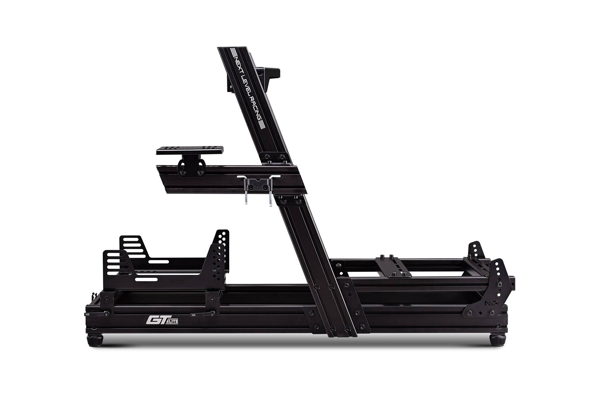 Next Level Racing GTElite racing simulator cockpit with wheel plate, sturdy frame, and adjustable components for immersive racing experience.