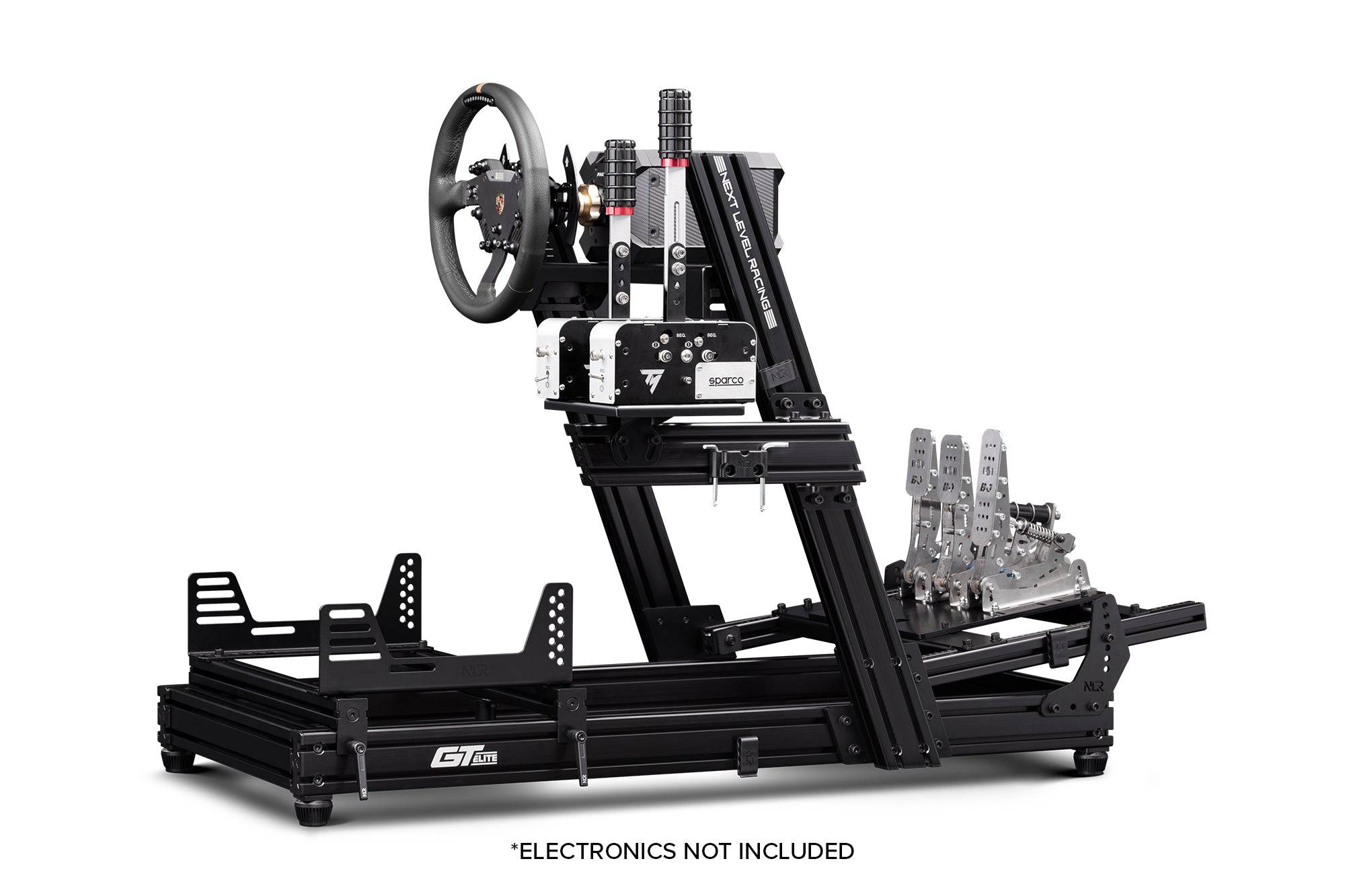 Next Level Racing GT Elite racing simulator cockpit with wheel plate edition, sturdy chassis with mounted racing wheel and pedal setup.