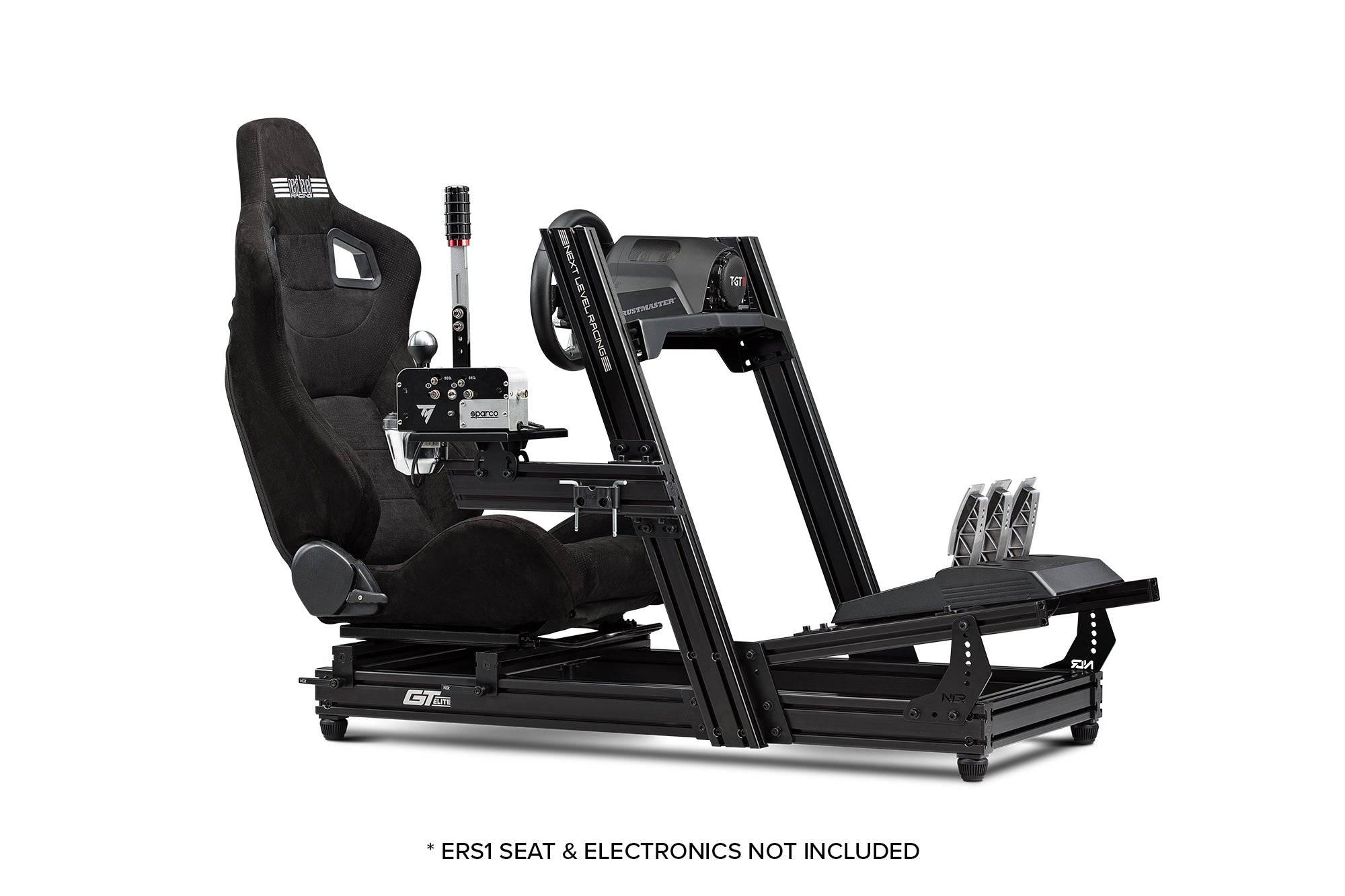 Next Level Racing GT Elite racing simulator cockpit with wheel plate edition, featuring sturdy frame and wheel mount for immersive sim racing.