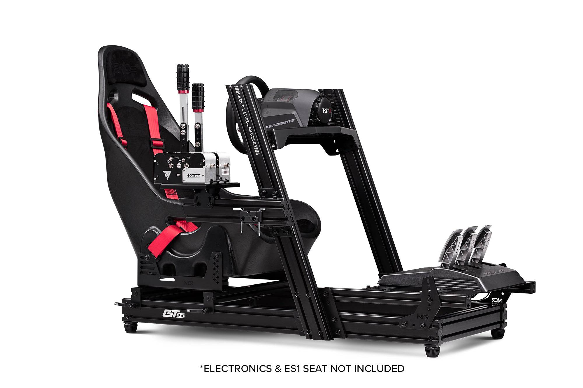 Next Level Racing GTELite racing simulator cockpit with wheel plate edition, black chassis with adjustable components and racing wheel mount