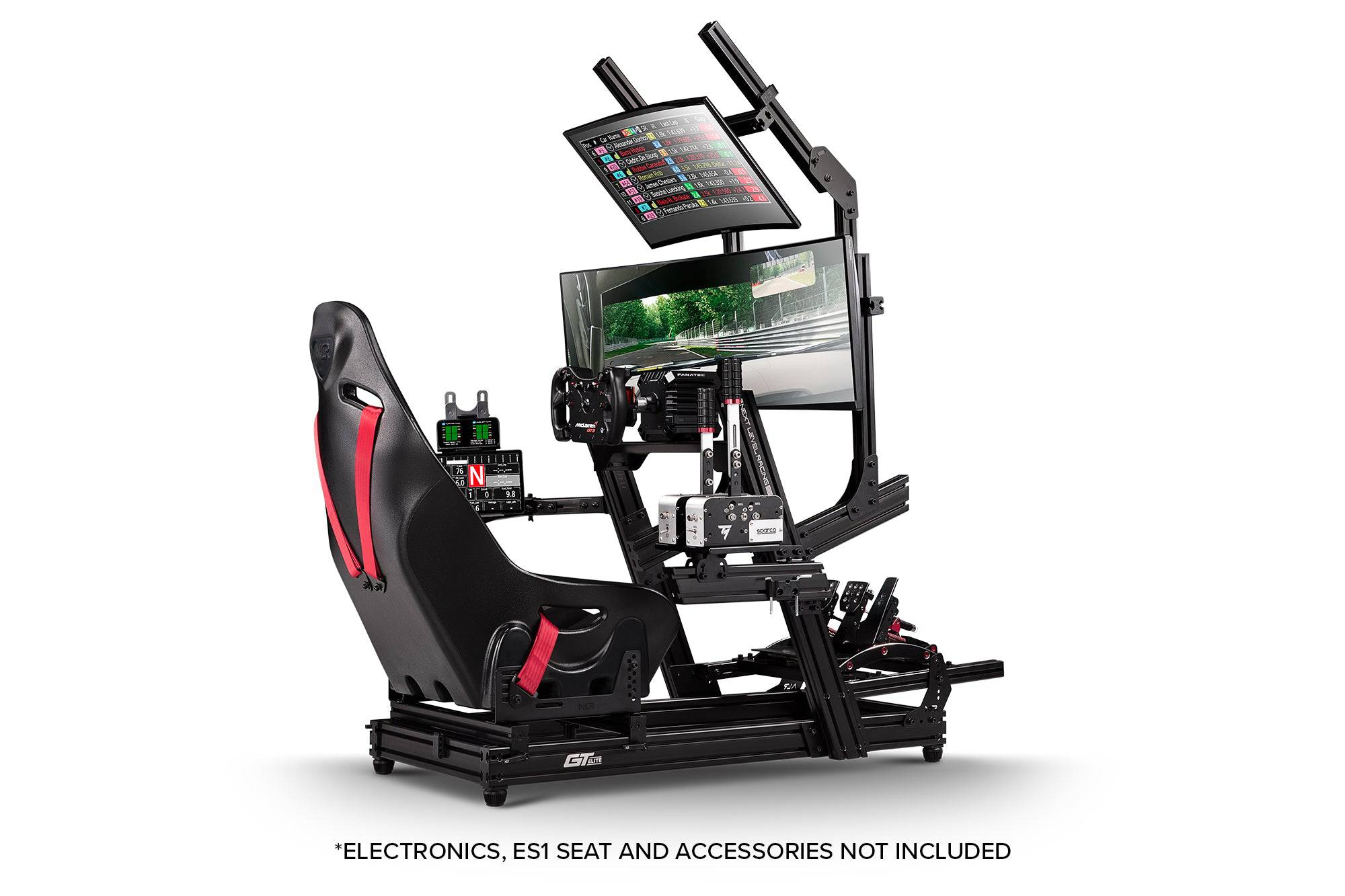 Next Level Racing GTELite racing simulator chassis with wheel plate, black metal frame, and adjustable components for immersive racing experience.