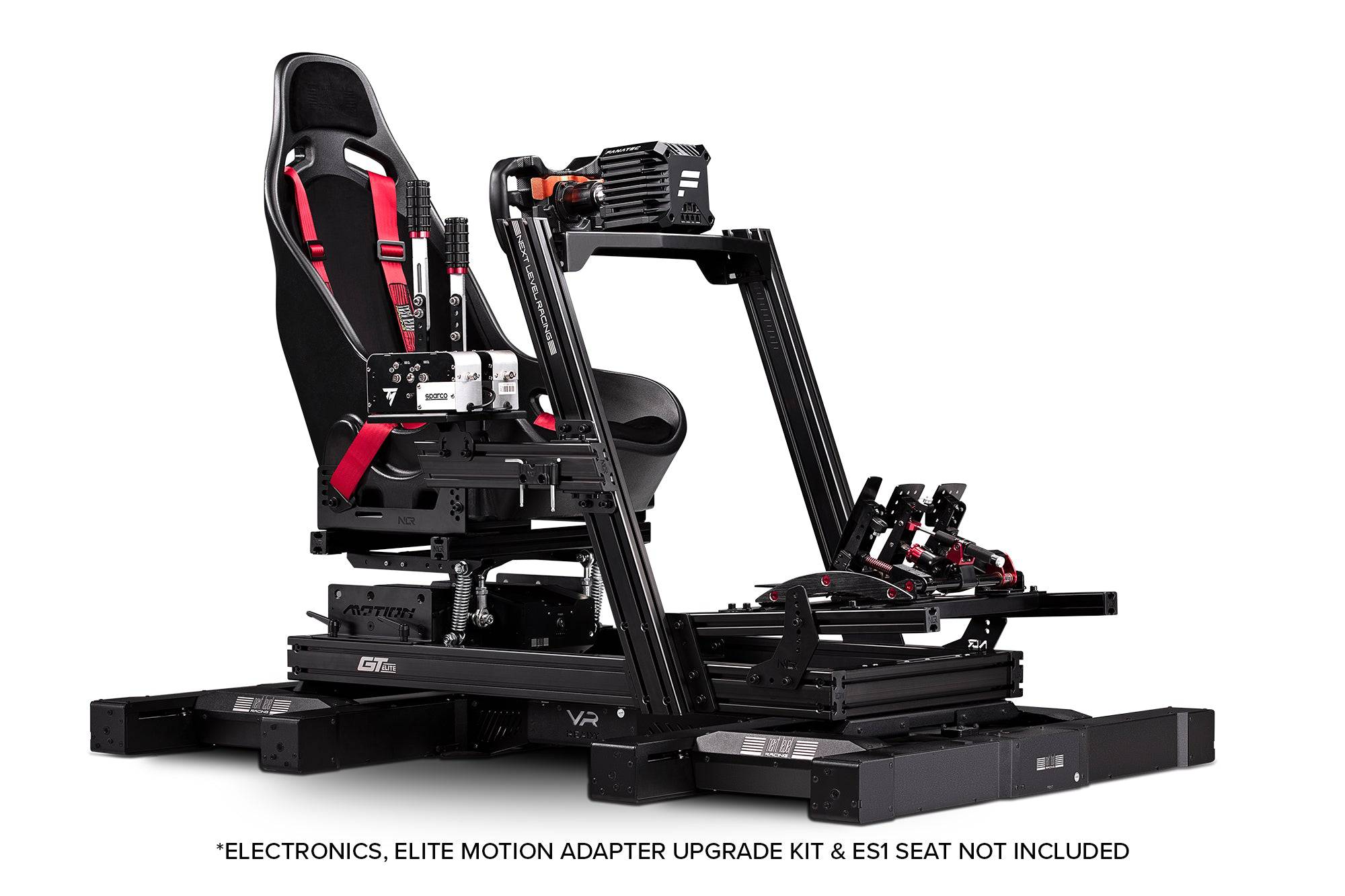 Next Level Racing GTELite racing sim simulator cockpit with wheel plate, black sturdy chassis for immersive racing experiences.