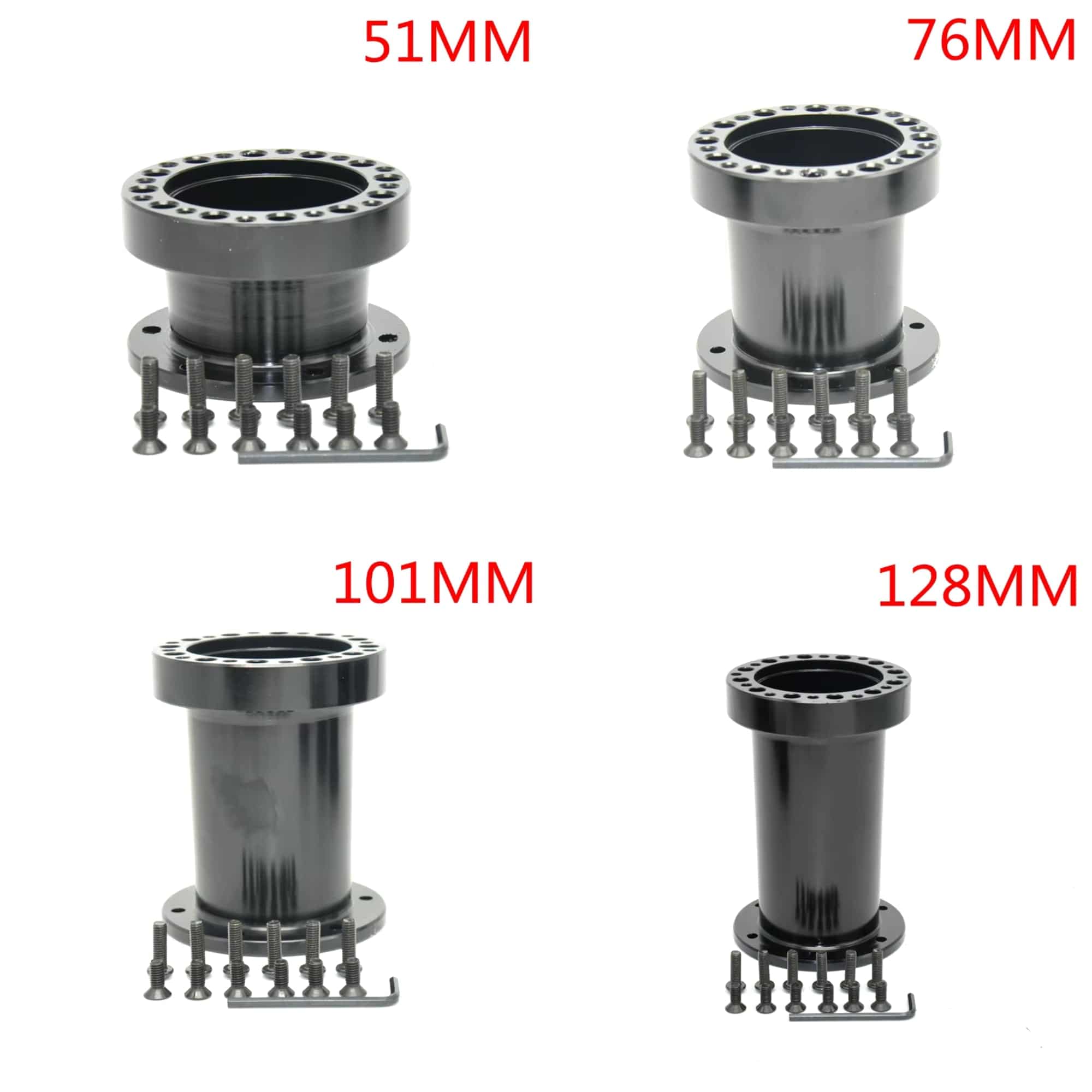 Black Apex Sim Racing steering wheel hub extension for wheel rim accessories, shown in a close-up image.