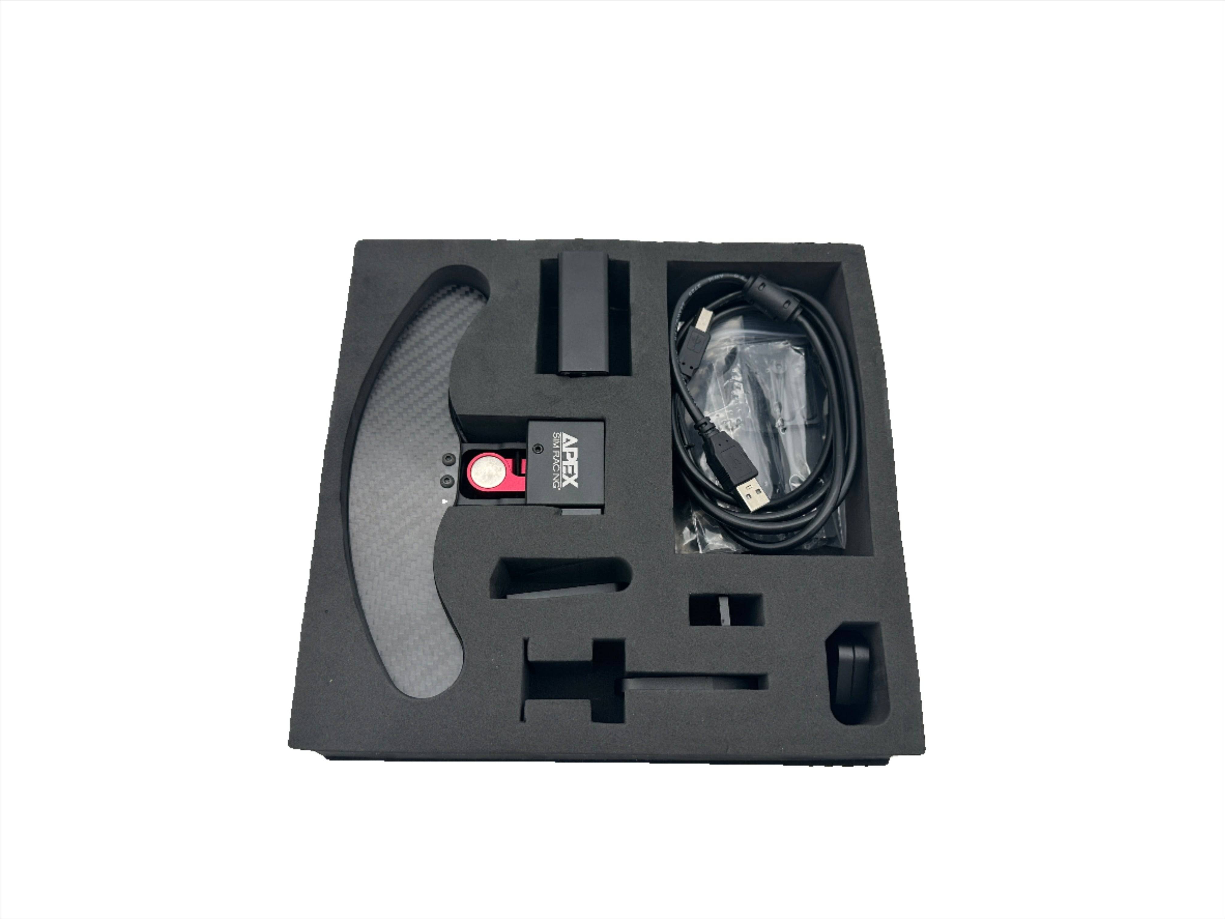 Apex Sim Racing Push Pull Sequential Rally Paddle Shifter mounted on a racing steering wheel for simulation driving.