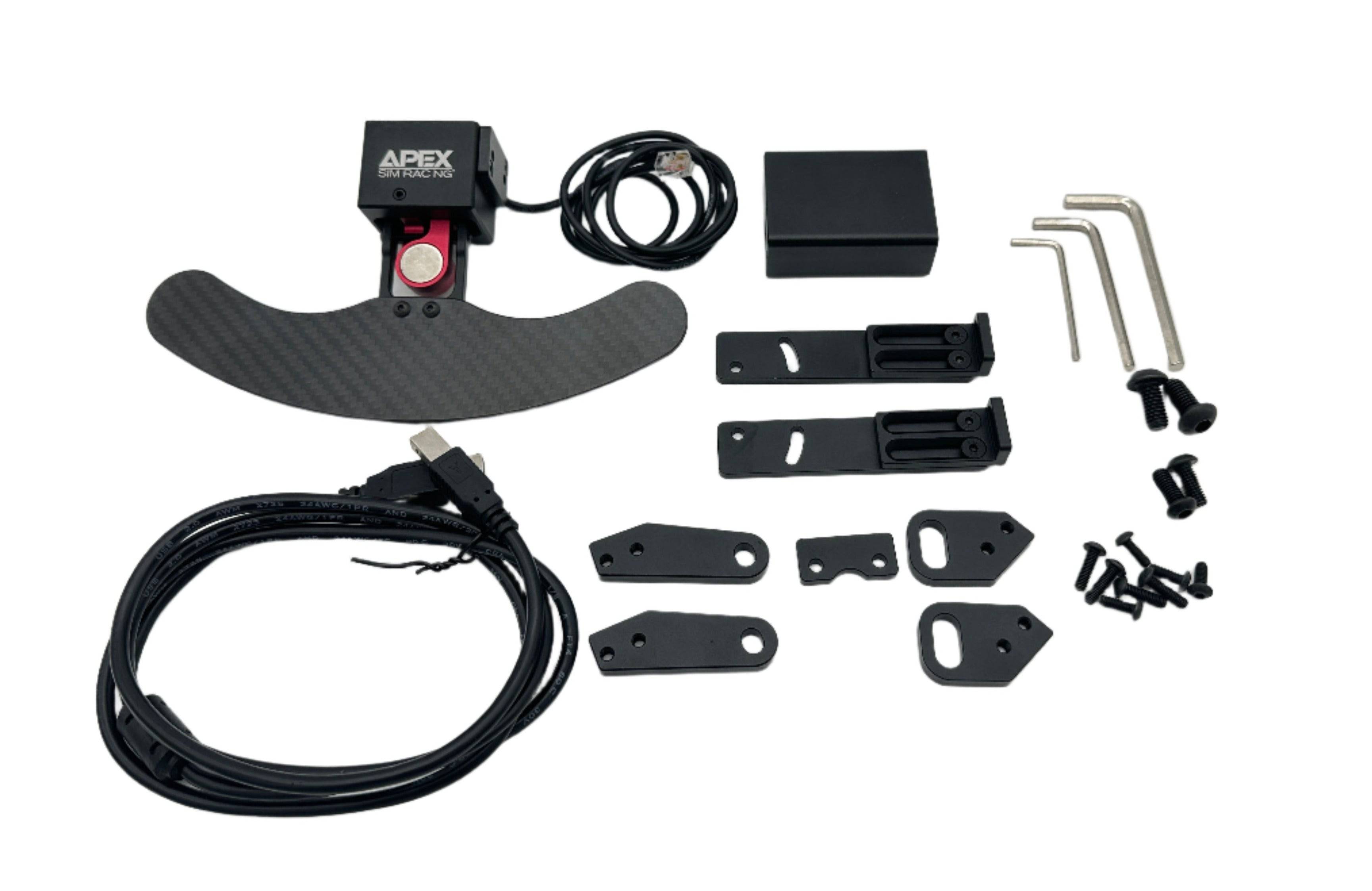Apex Sim Racing push pull sequential rally paddle shifter mounted on a racing steering wheel for sim racing.