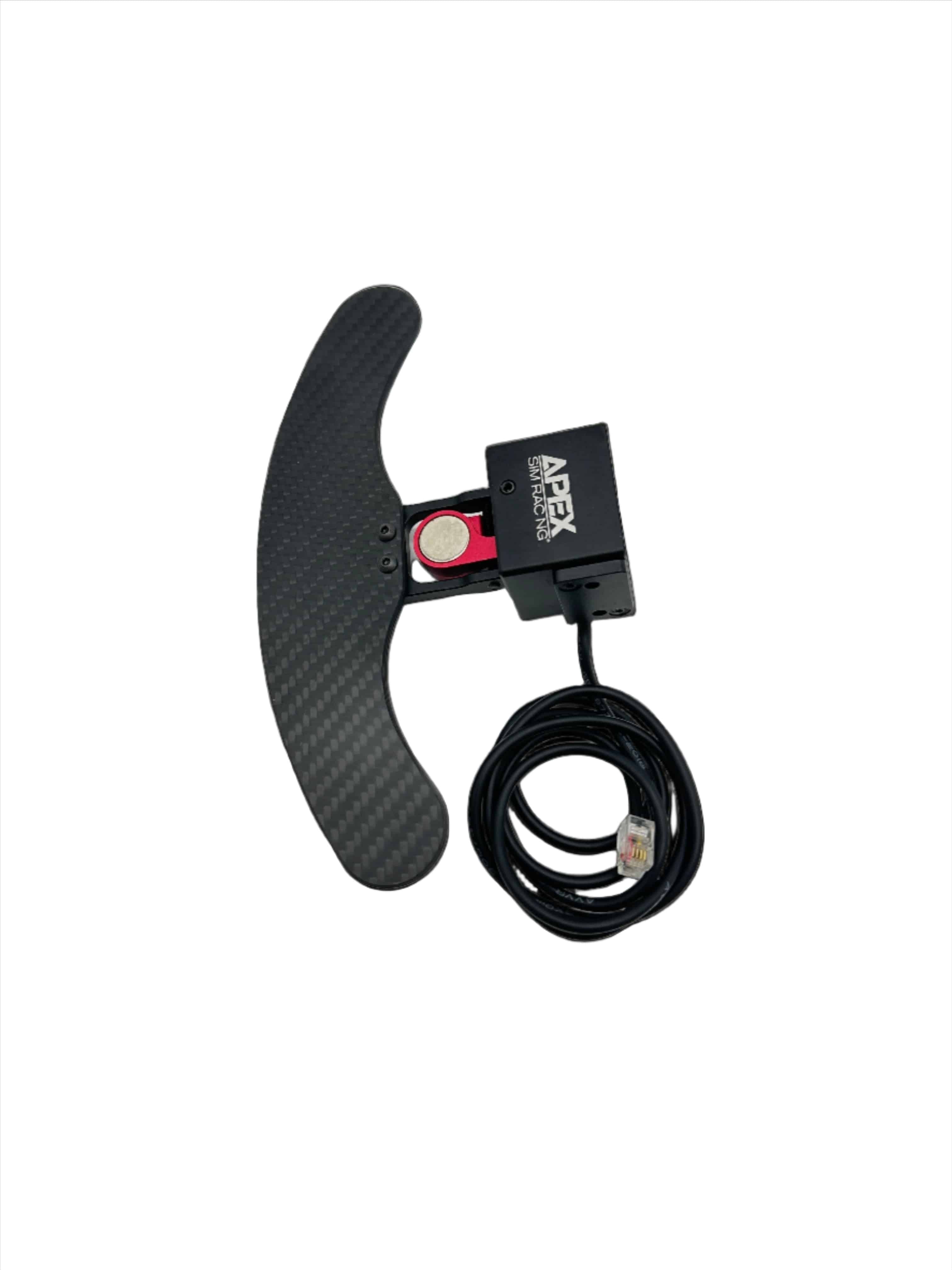 Apex Sim Racing push pull sequential rally paddle shifter with black and silver design, mounted on a racing steering wheel.