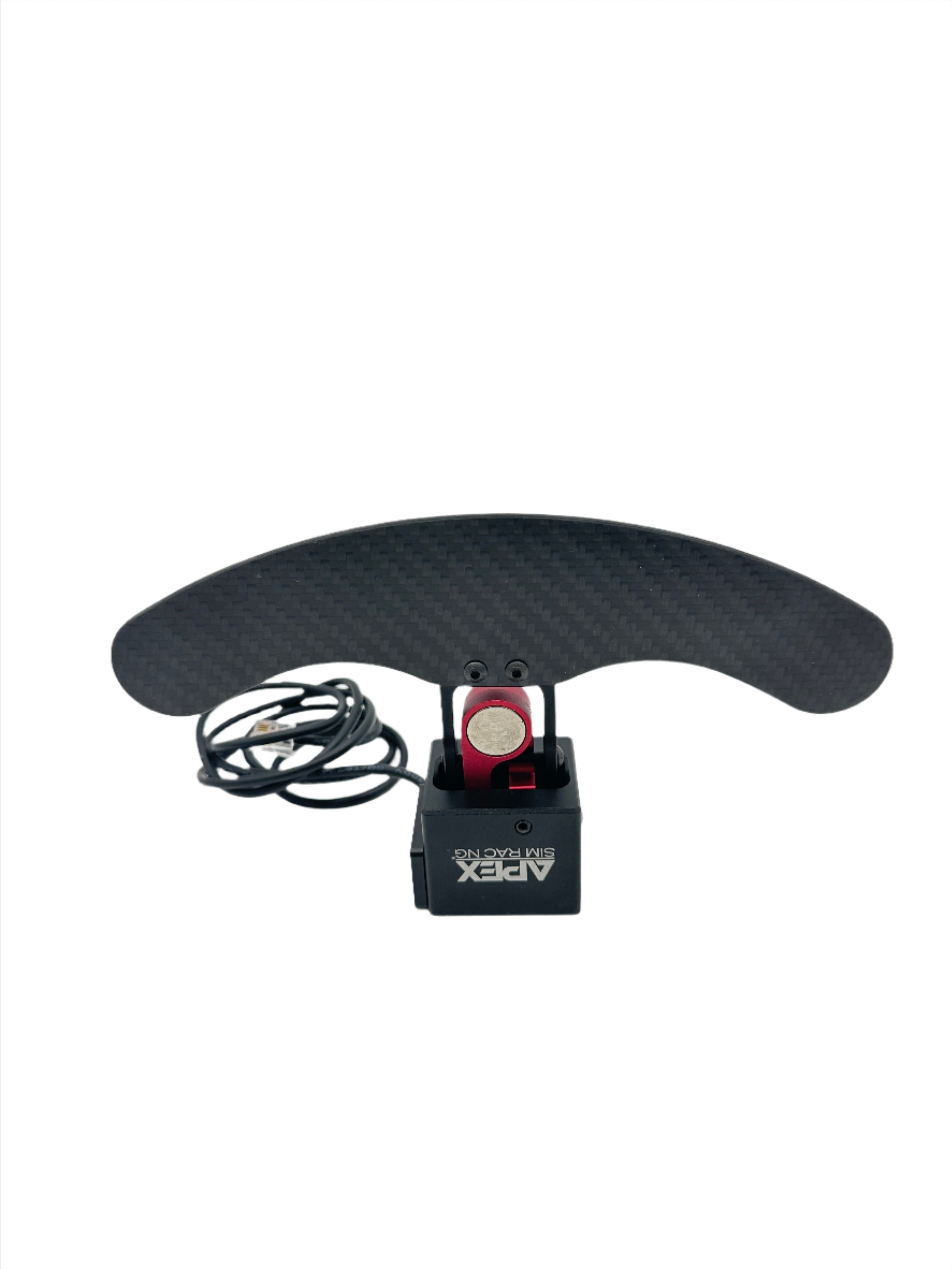 Apex Sim Racing Push Pull Sequential Rally Paddle Shifter mounted on a steering wheel for racing simulation setups.