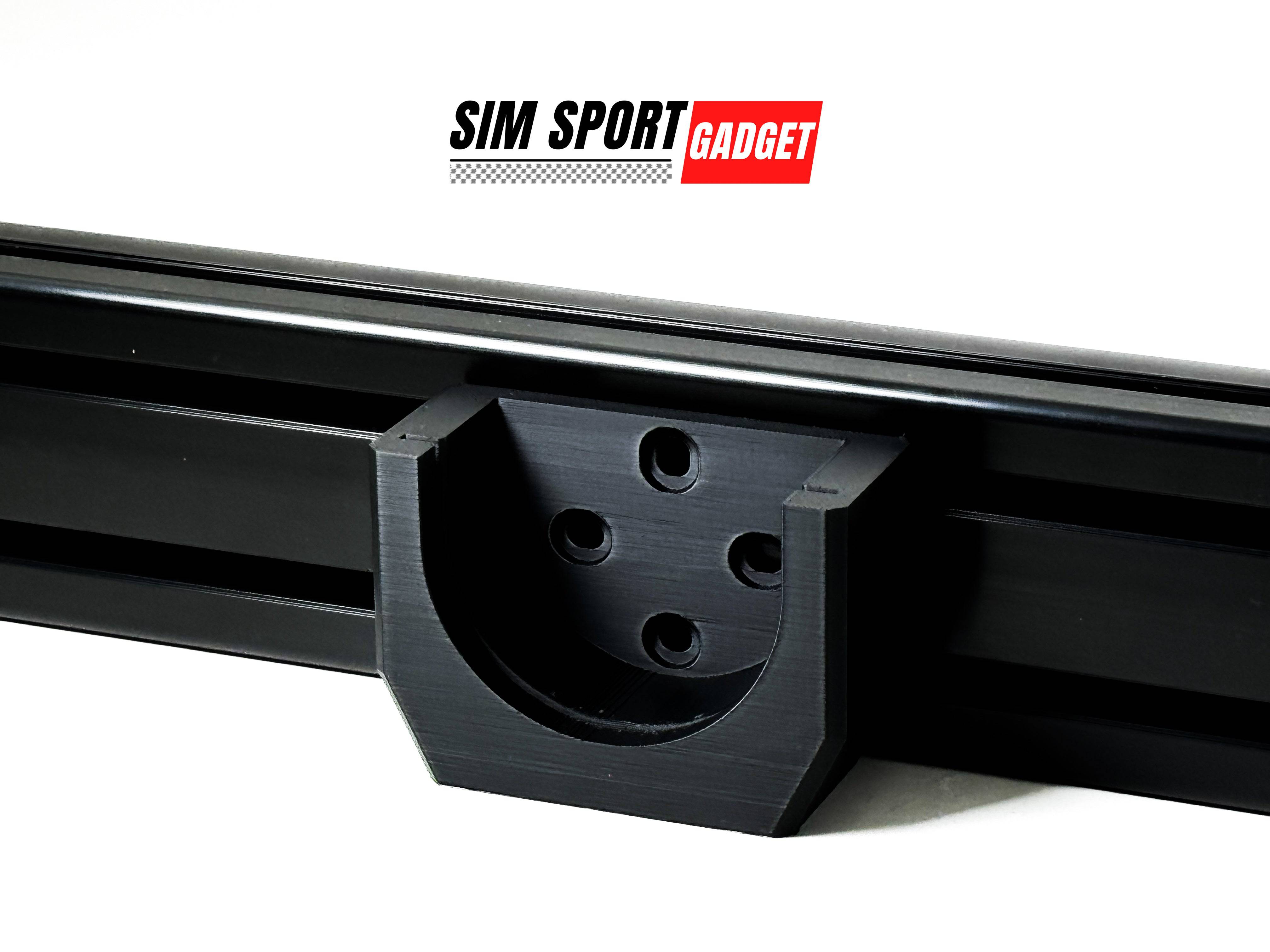 Drop-in profile mount for Fanatec QR2 by SimSportGadget, shown attached to a racing wheel setup.