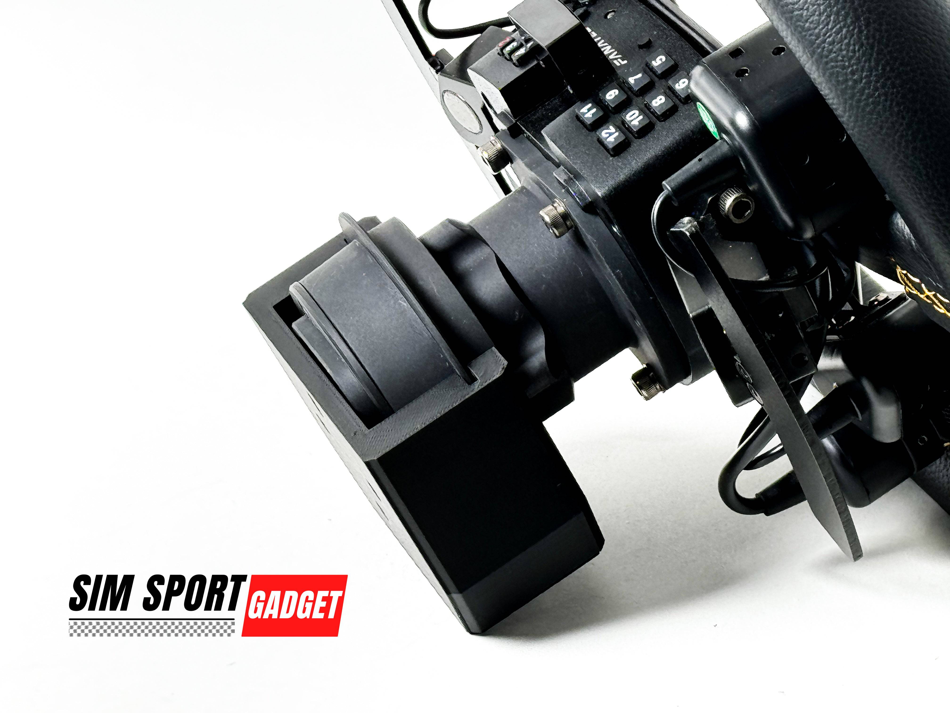 SimSportGadget drop-in profile mount for Fanatec QR2 wheel mount, showing the sturdy metal construction and mounting features.