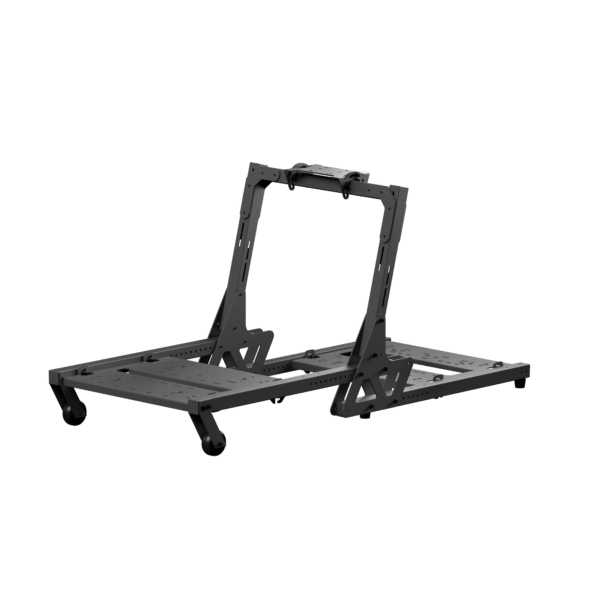 Asetek SimSports Racing 2-in-1 Cockpit for racing simulation, featuring adjustable seat and sturdy frame, shown in a sleek black design.