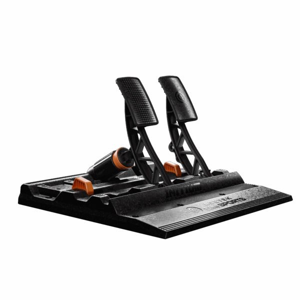Asetek SimSports racing pedal set with brake and throttle pedals, angled view showing textured footplates and sturdy construction.