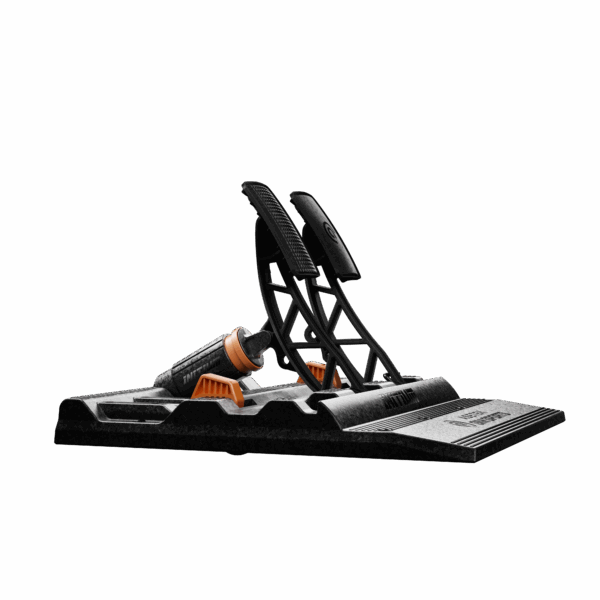 Asetek SimSports Initium racing pedal set with brake and throttle pedals, angled right, for gaming simulation on a white background.