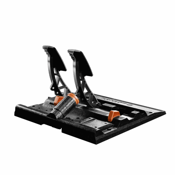 Asetek SimSports Initium Racing Pedal Set with brake and throttle pedals, shown from a back-angled view.