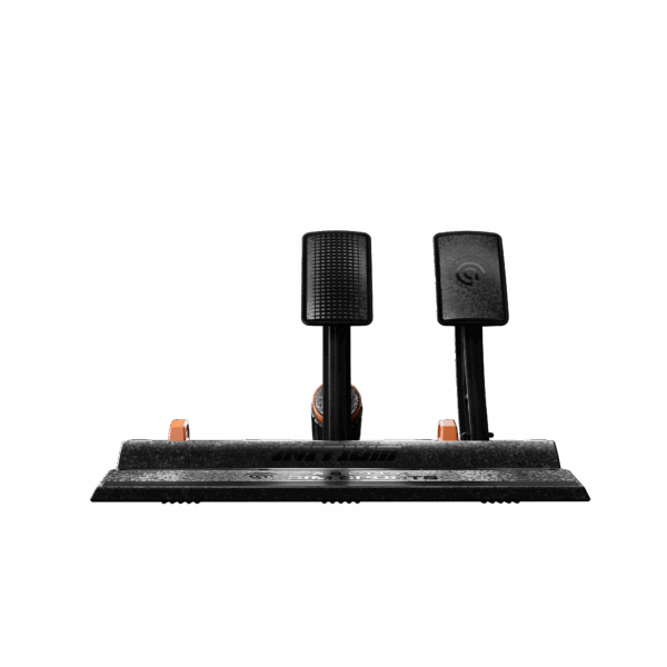 Asetek SimSports Initium racing pedal set with brake and throttle pedals, front view showing textured surfaces and sturdy design.