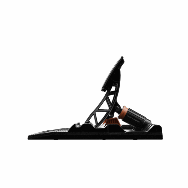Asetek SimSports Initium racing pedal set with brake and throttle pedals, shown from the side, for realistic racing simulation.