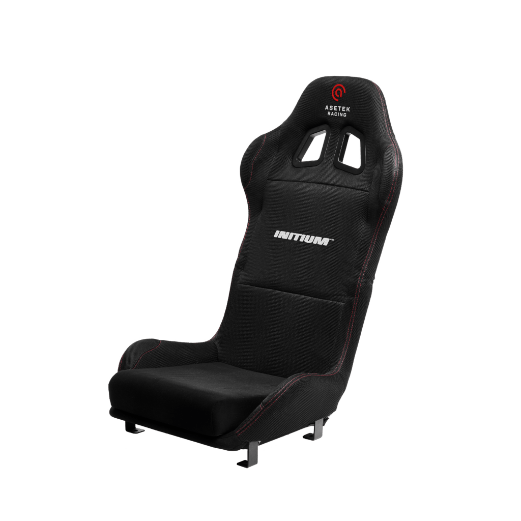 Aestek SimSports Initium Compact Race Seat for sim racing, featuring a sleek black design and supportive racing seat structure.