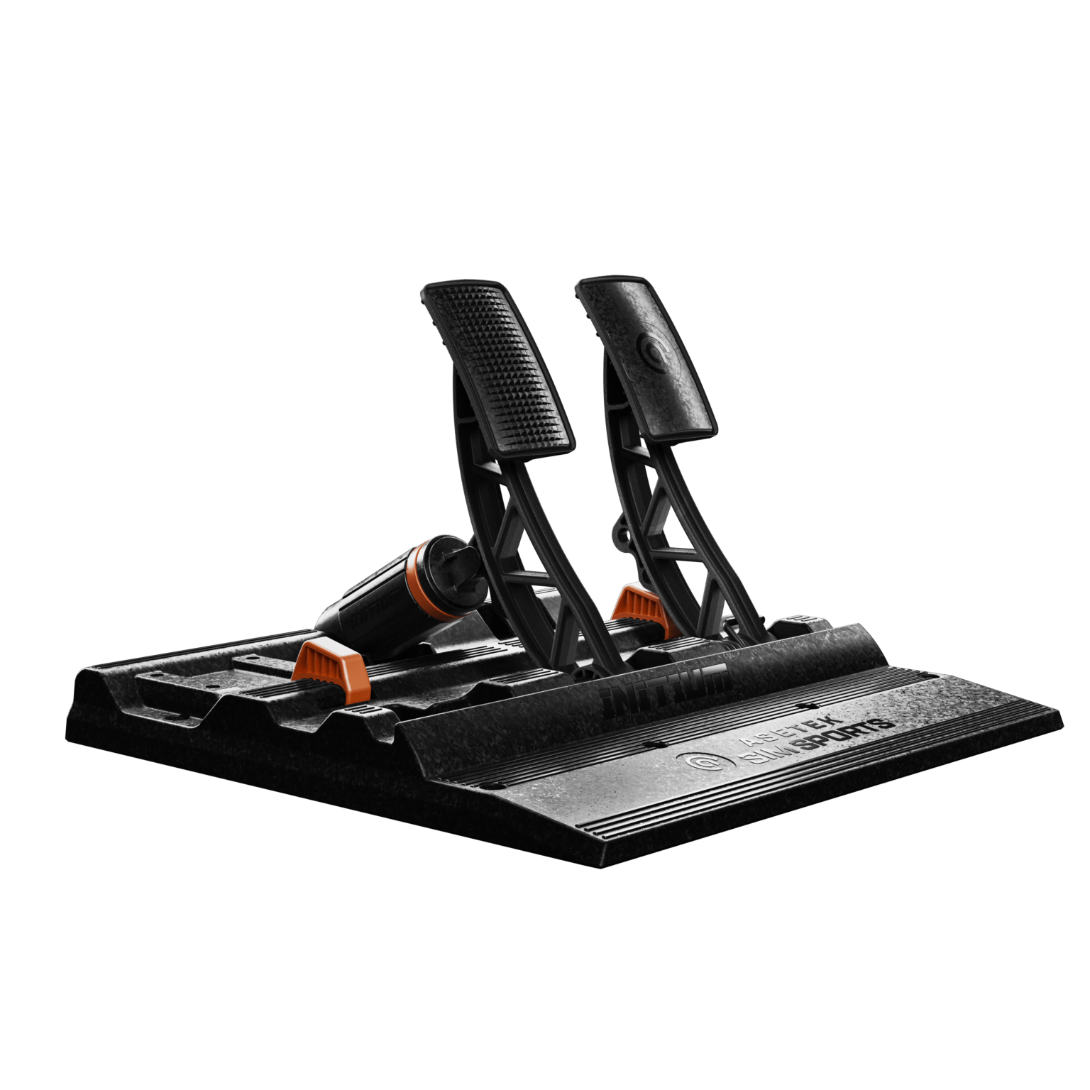 Asetek SimSports Initium racing bundle with two pedal sets and a PC wheelbase, shown on a sofa with a gaming setup.