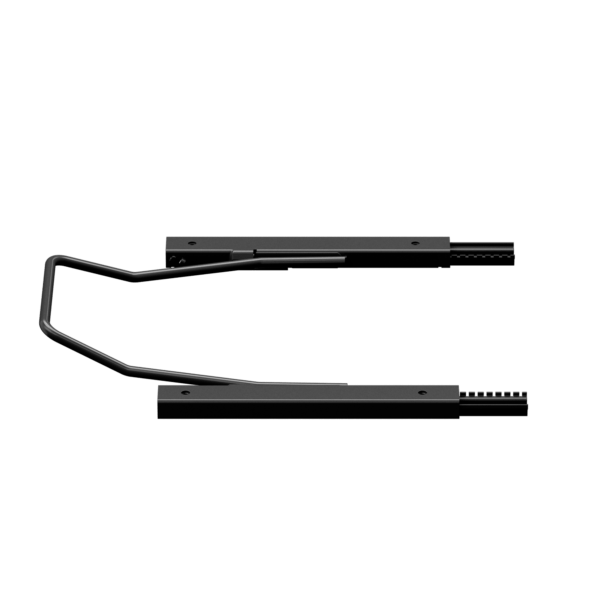 Asetek SimSports racing cockpit seat slider shown from the side, extended for adjustable positioning in a racing setup.