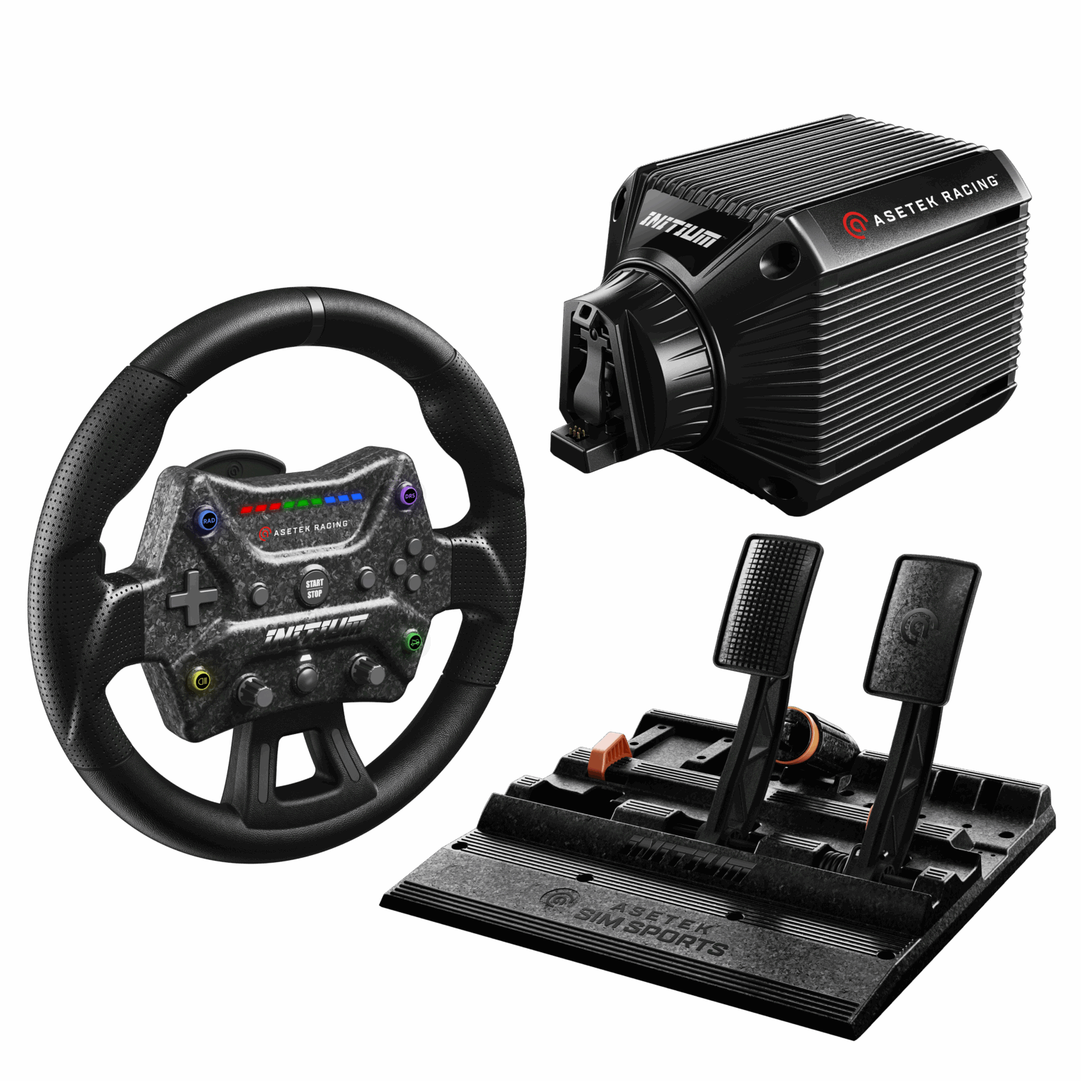 Asetek SimSports Initium Racing Bundle US with wheelbase and direct drive base, shown on a racing simulator setup.