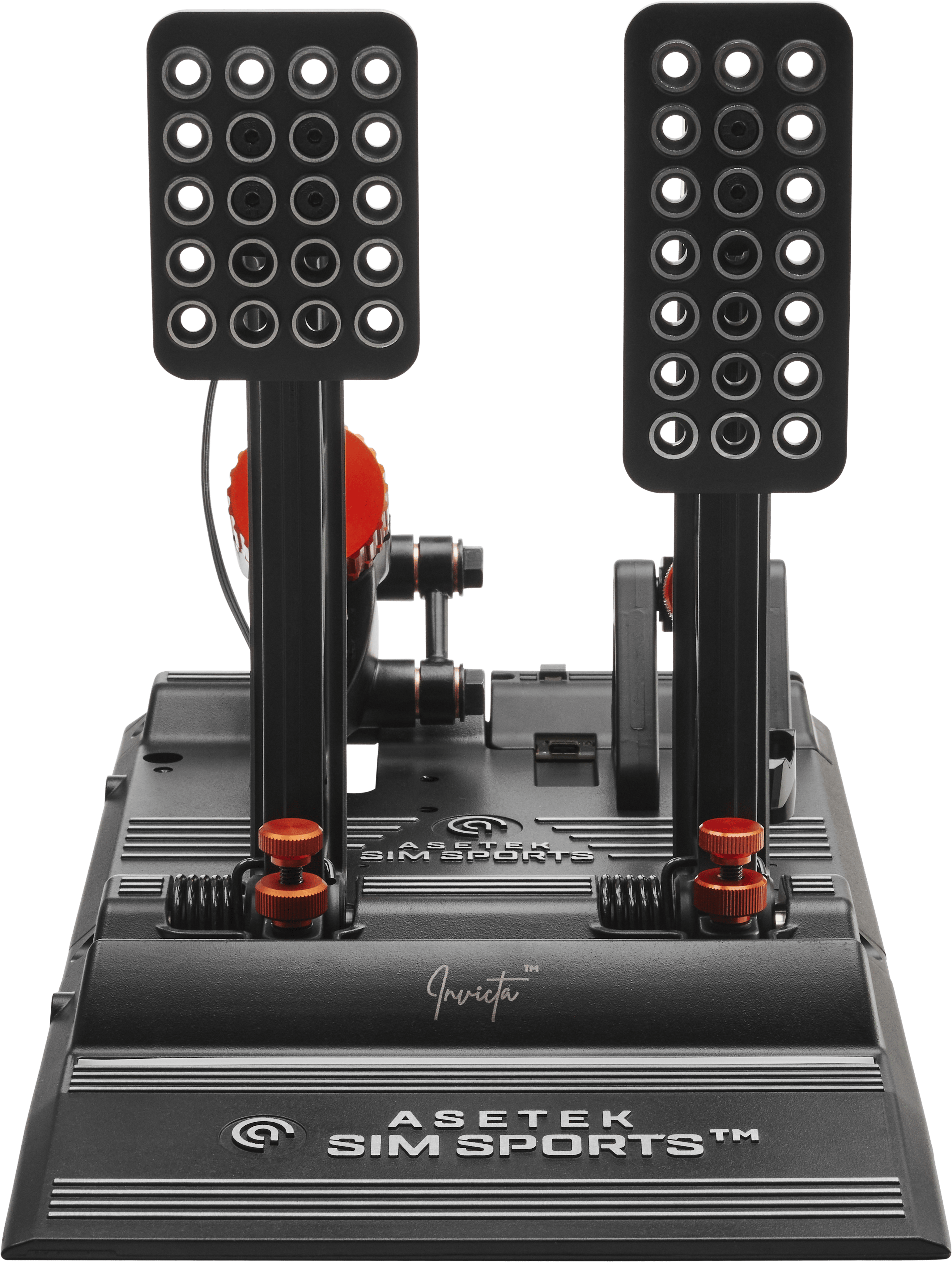 Asetek SimSports Invicta™ Pedals T.H.O.R.P.™ II showing the front view with metal footplates and adjustment screws for racing simulation.