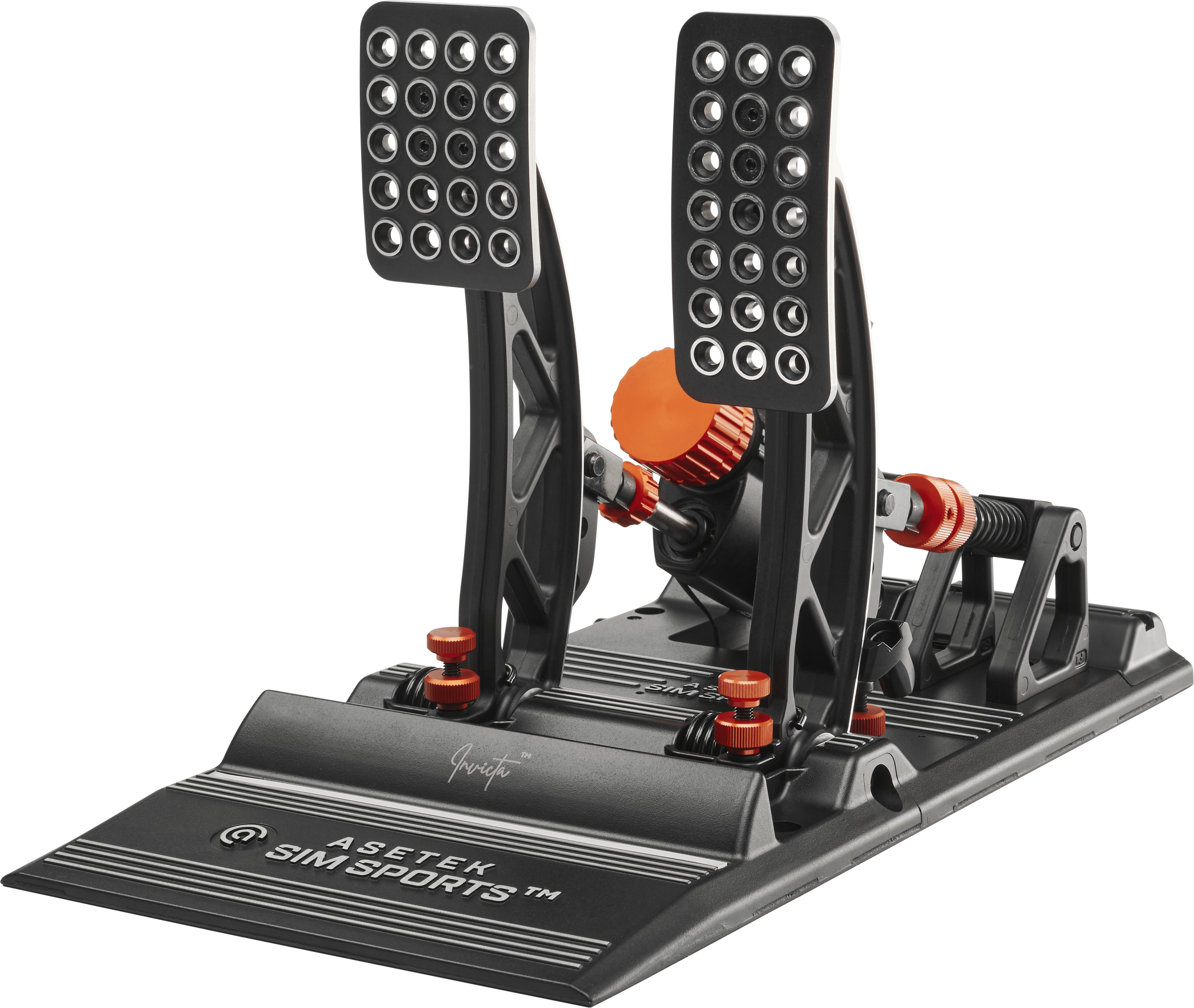 Asetek SimSports Invicta™ Pedals T.H.O.R.P.™ II with angled view showing metal footplates and pedal adjustment features.