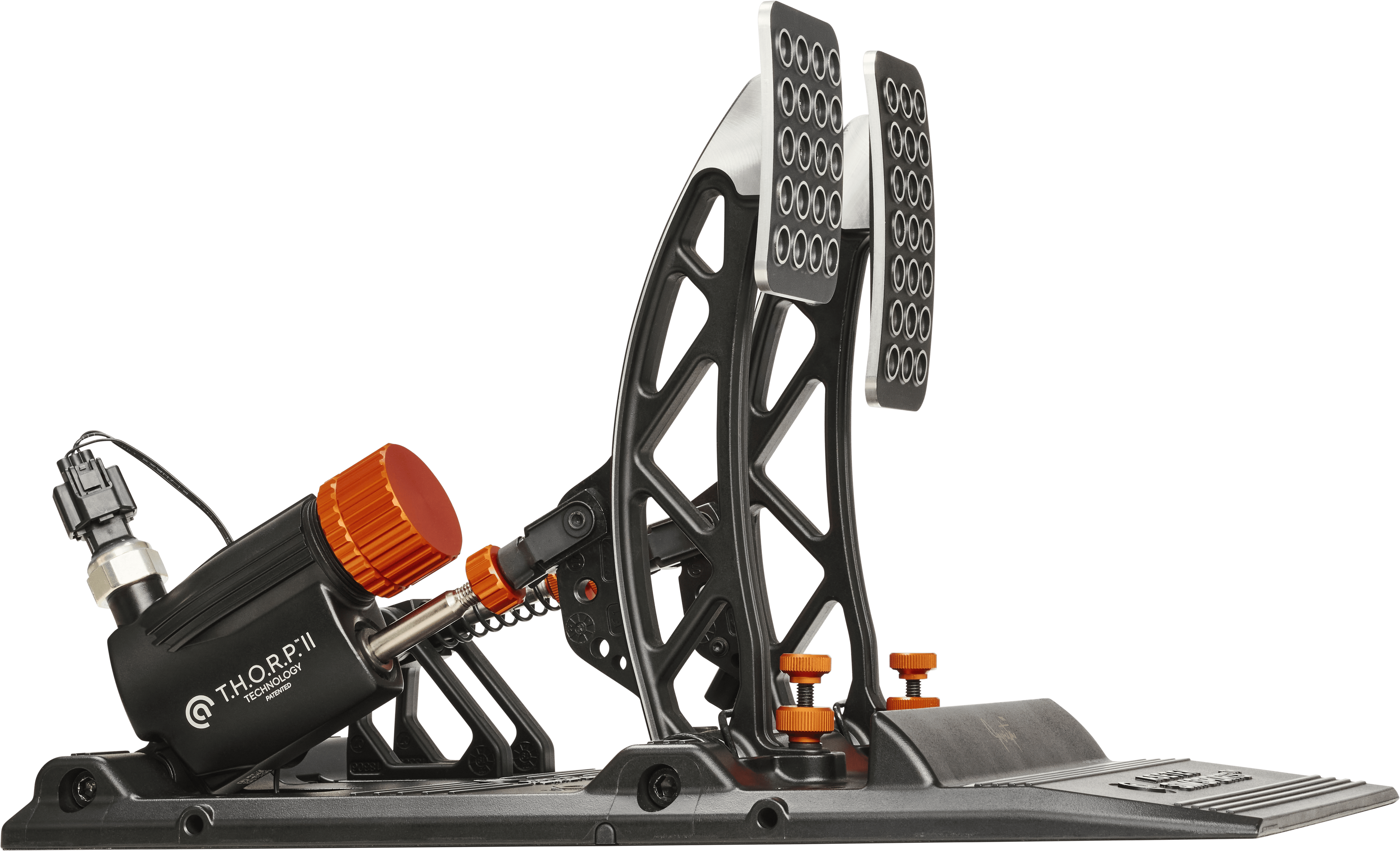 Asetek SimSports Invicta™ T.H.O.R.P.™ II racing pedals showing the right pedal with metal construction and adjustable components.