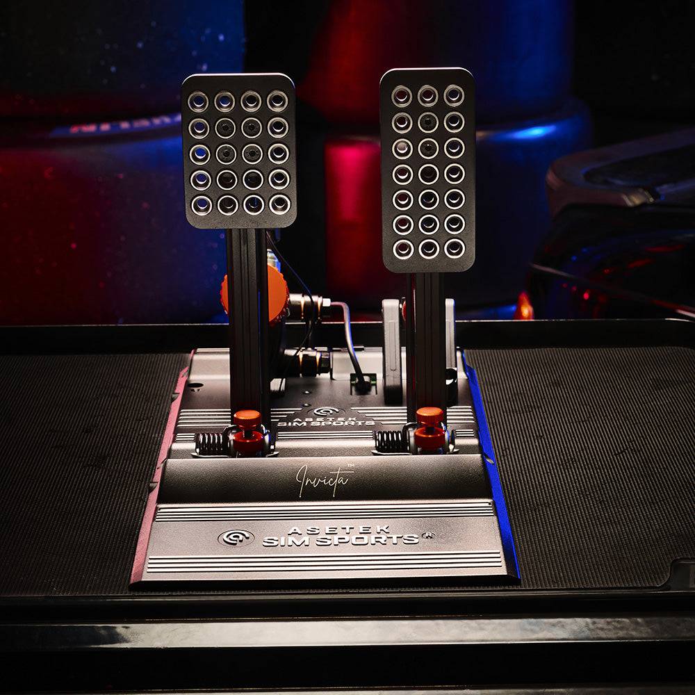 Asetek SimSports Invicta™ Pedals T.H.O.R.P.™ II showing the textured footplates and adjustment knobs for racing simulation setups.