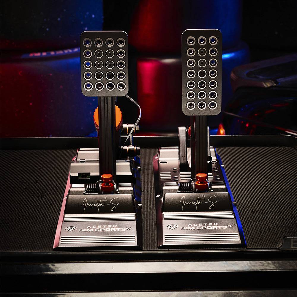 Asetek SimSports Invicta™ S-Series T.H.O.R.P.™ II racing pedals with metal construction and adjustable brake and throttle pedals.