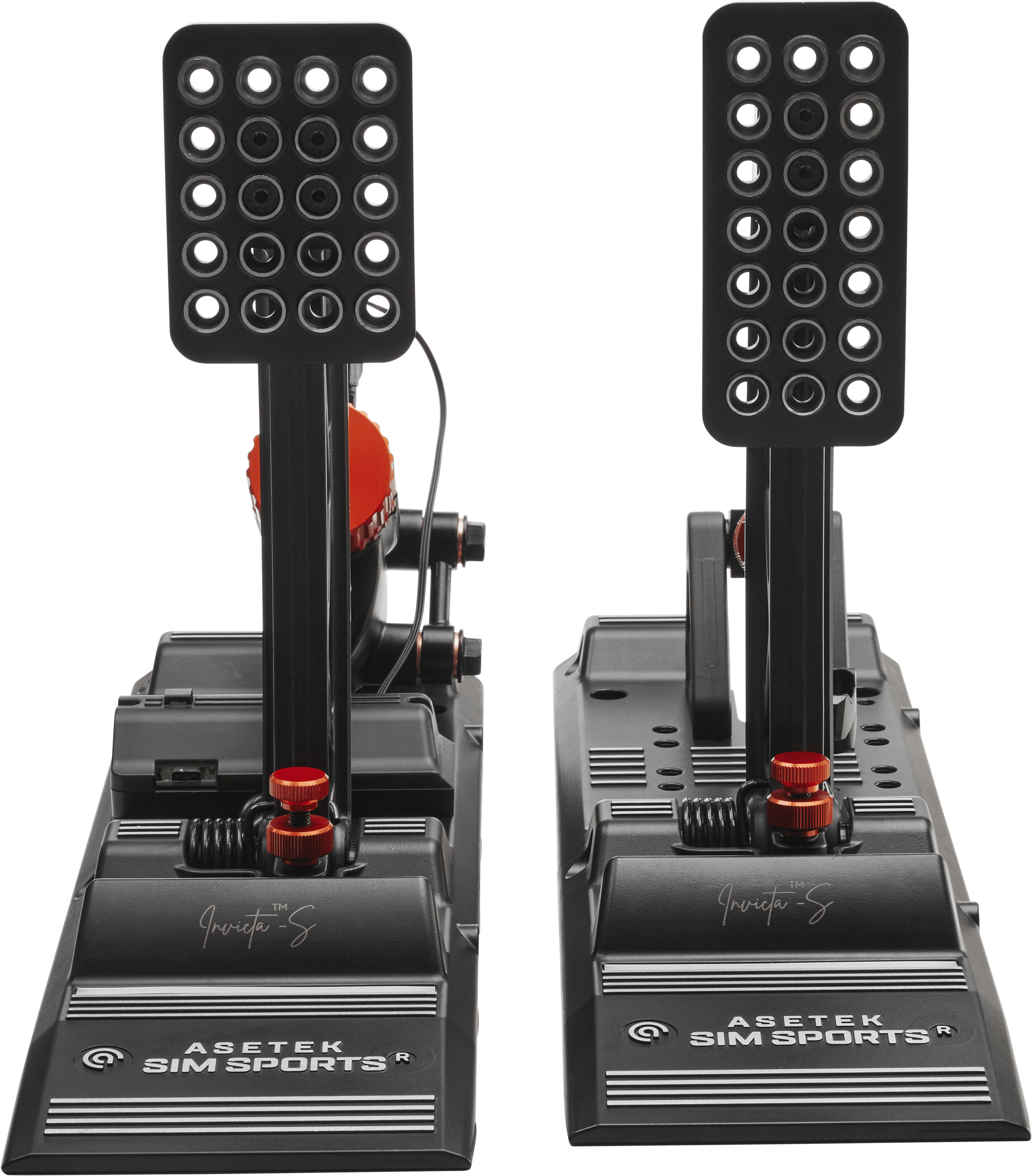 Asetek SimSports Invicta S-Series T.H.O.R.P. II racing pedals with metal construction and adjustable footplate for sim racing.