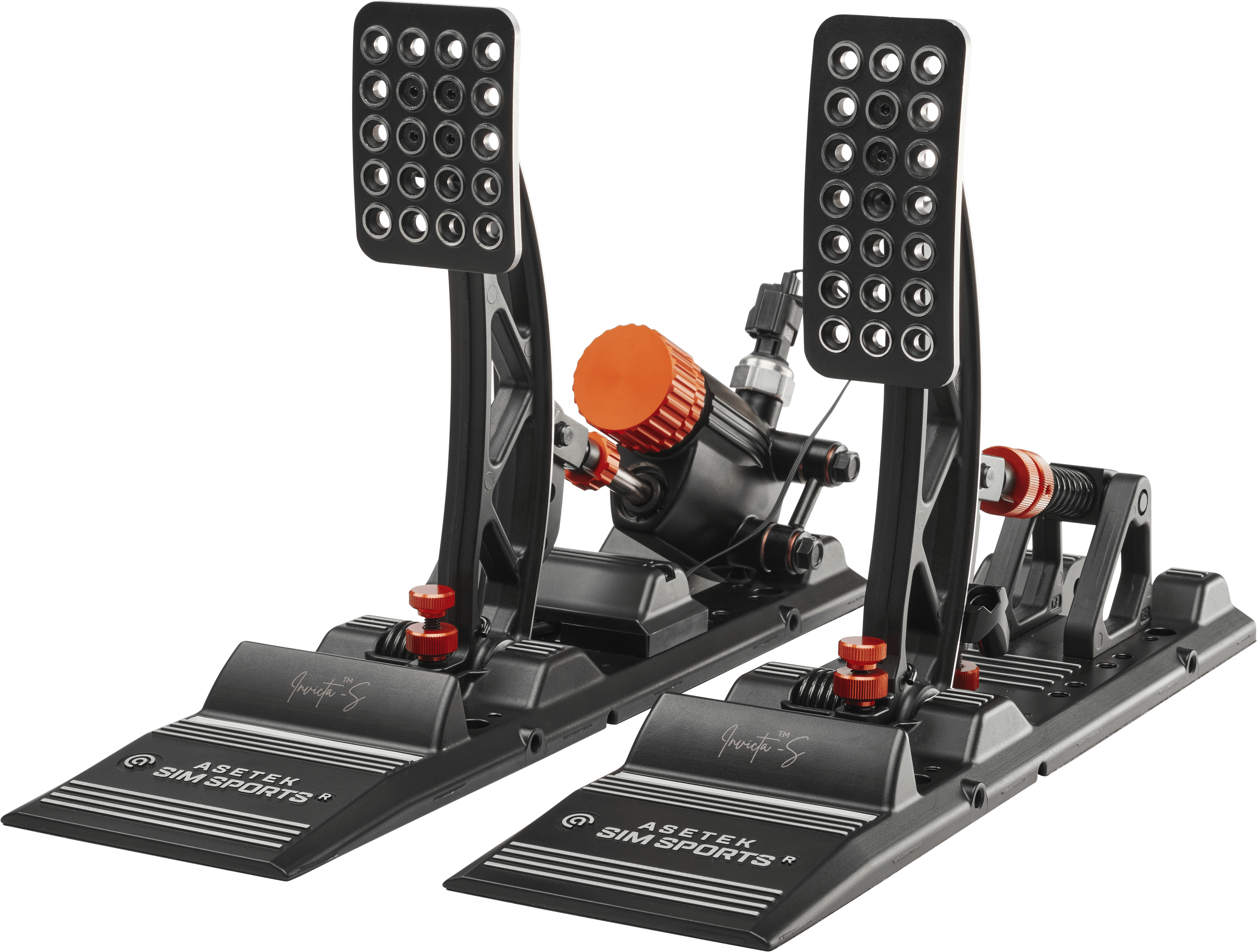 Asetek SimSports Invicta S-Series T.H.O.R.P. II racing pedals with metal and rubber footplates, viewed from a front angled perspective.