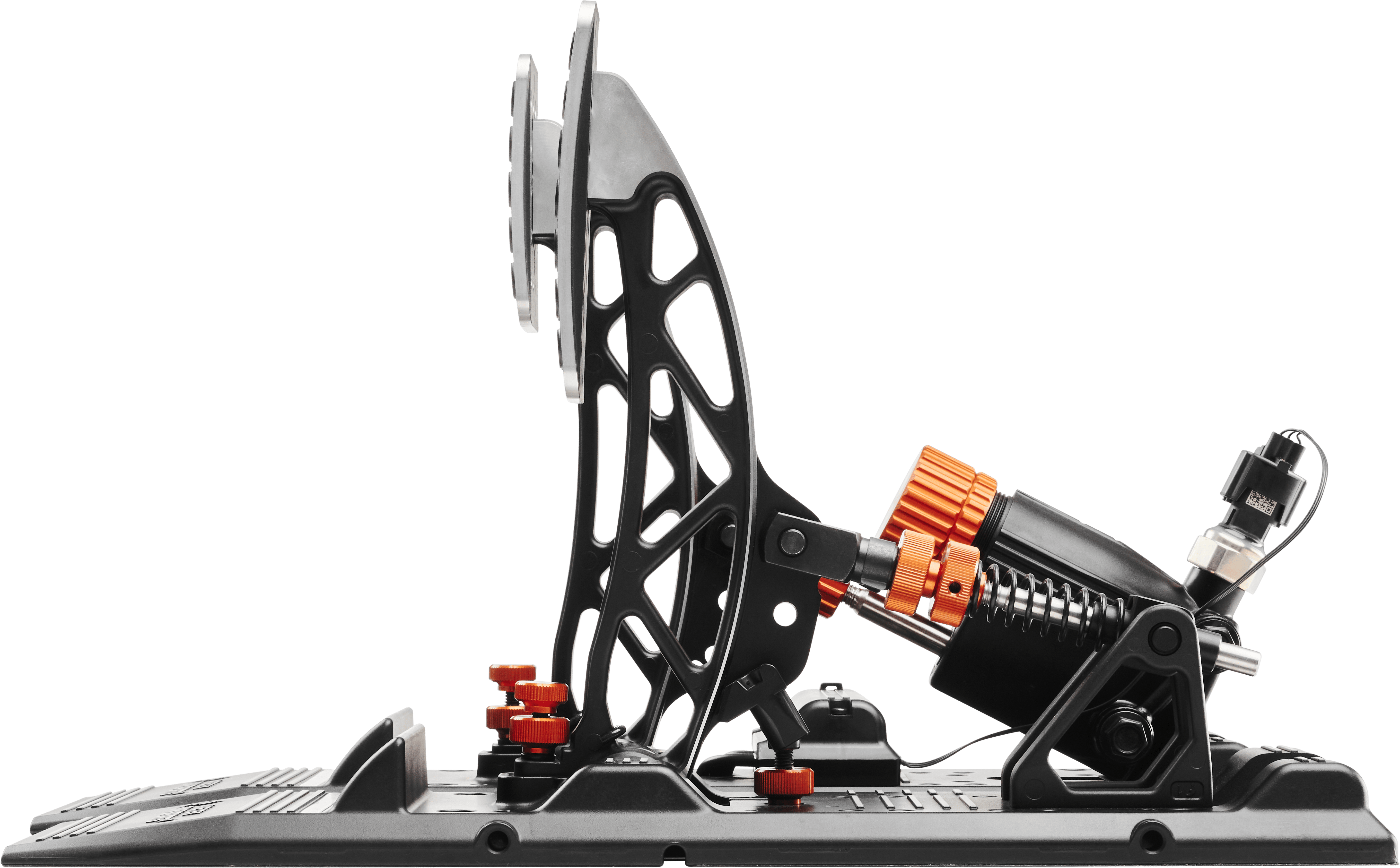 Asetek SimSports Invicta S-Series T.H.O.R.P. II racing pedals showing the left pedal with detailed grip surface and metal construction