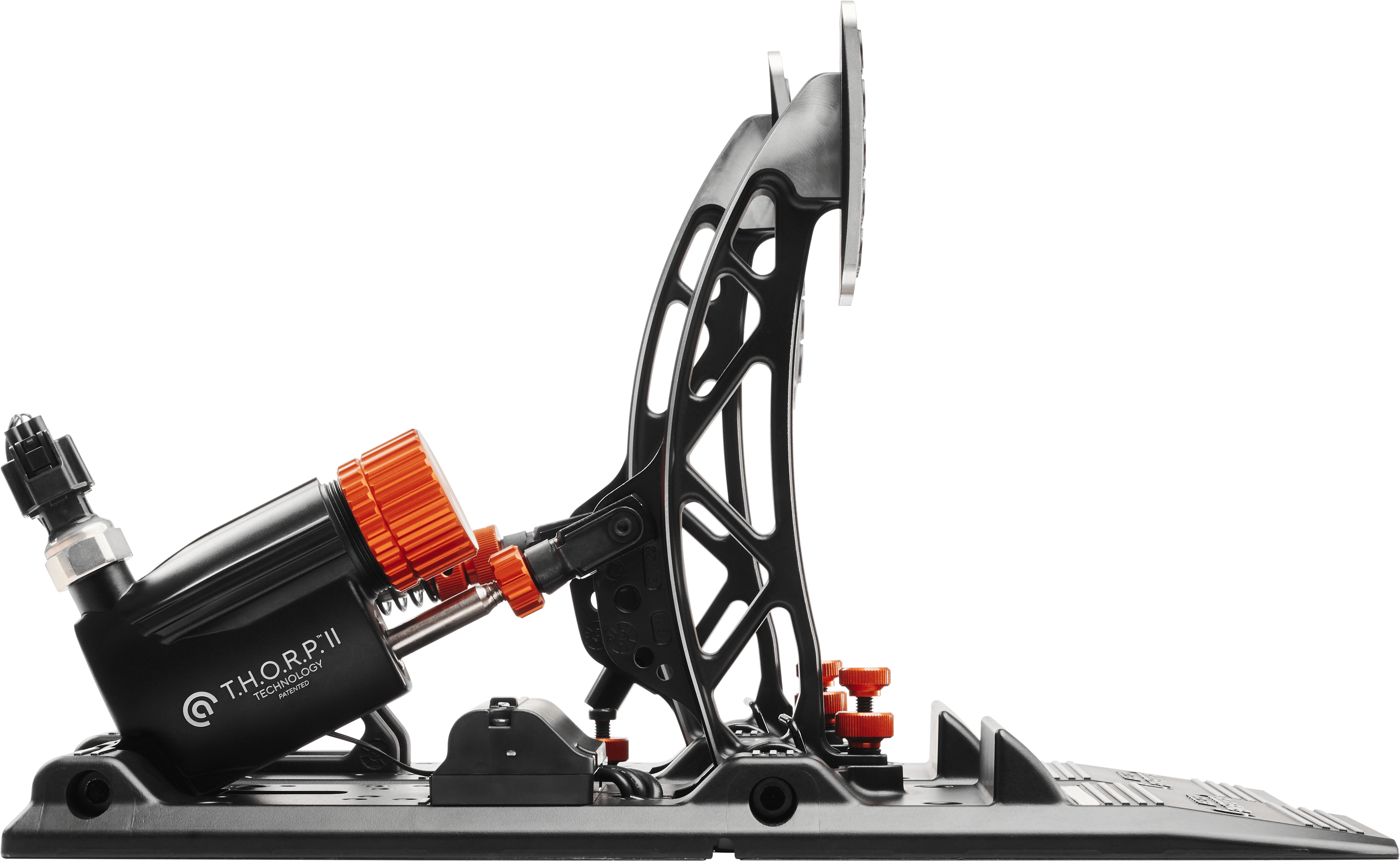 Asetek SimSports Invicta S-Series T.H.O.R.P. II racing pedals showing the right pedal with textured footplate and adjustment components.