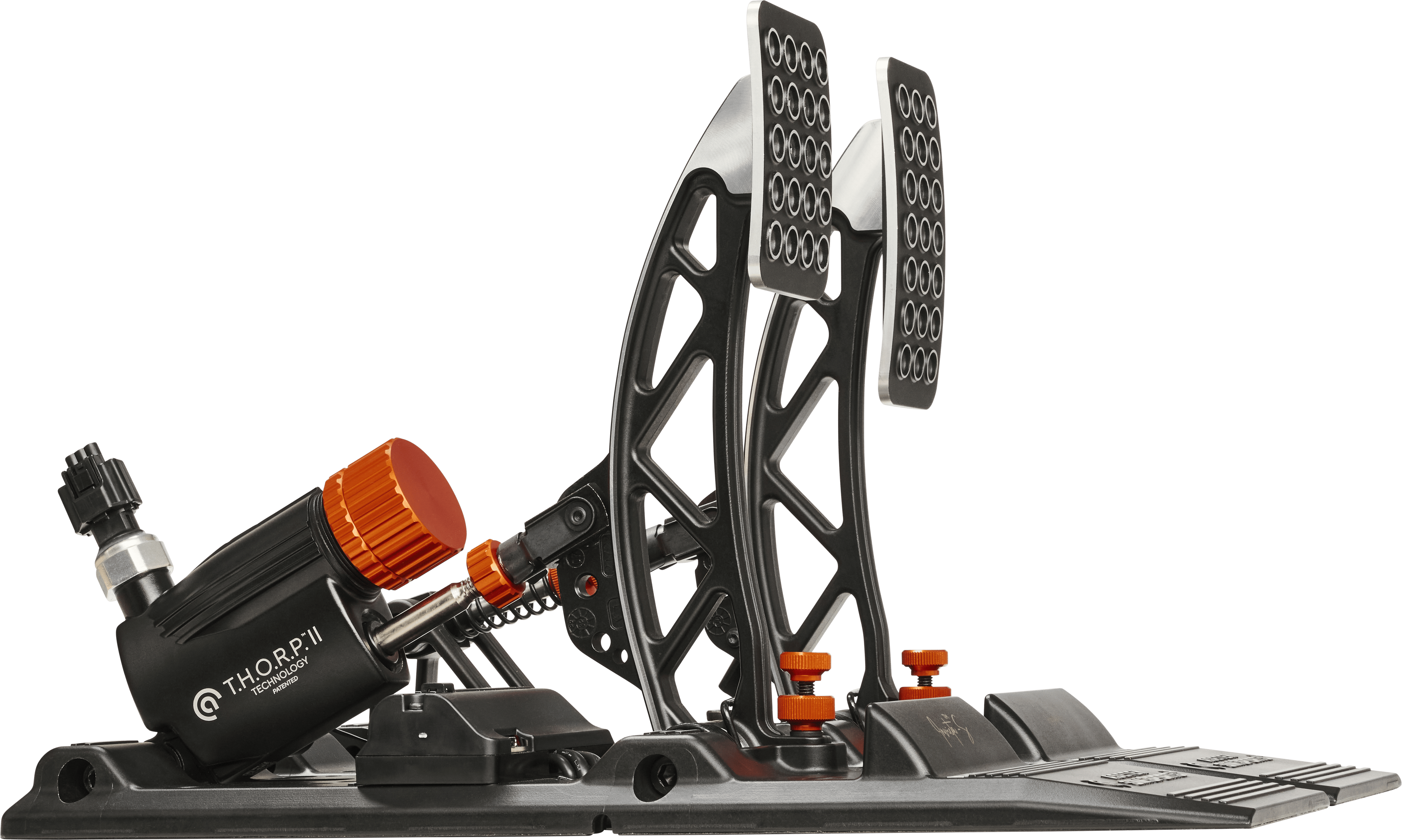 Asetek SimSports Invicta S-Series T.H.O.R.P. II racing pedals set, showing the right pedal with textured surface and adjustable mounting brackets.