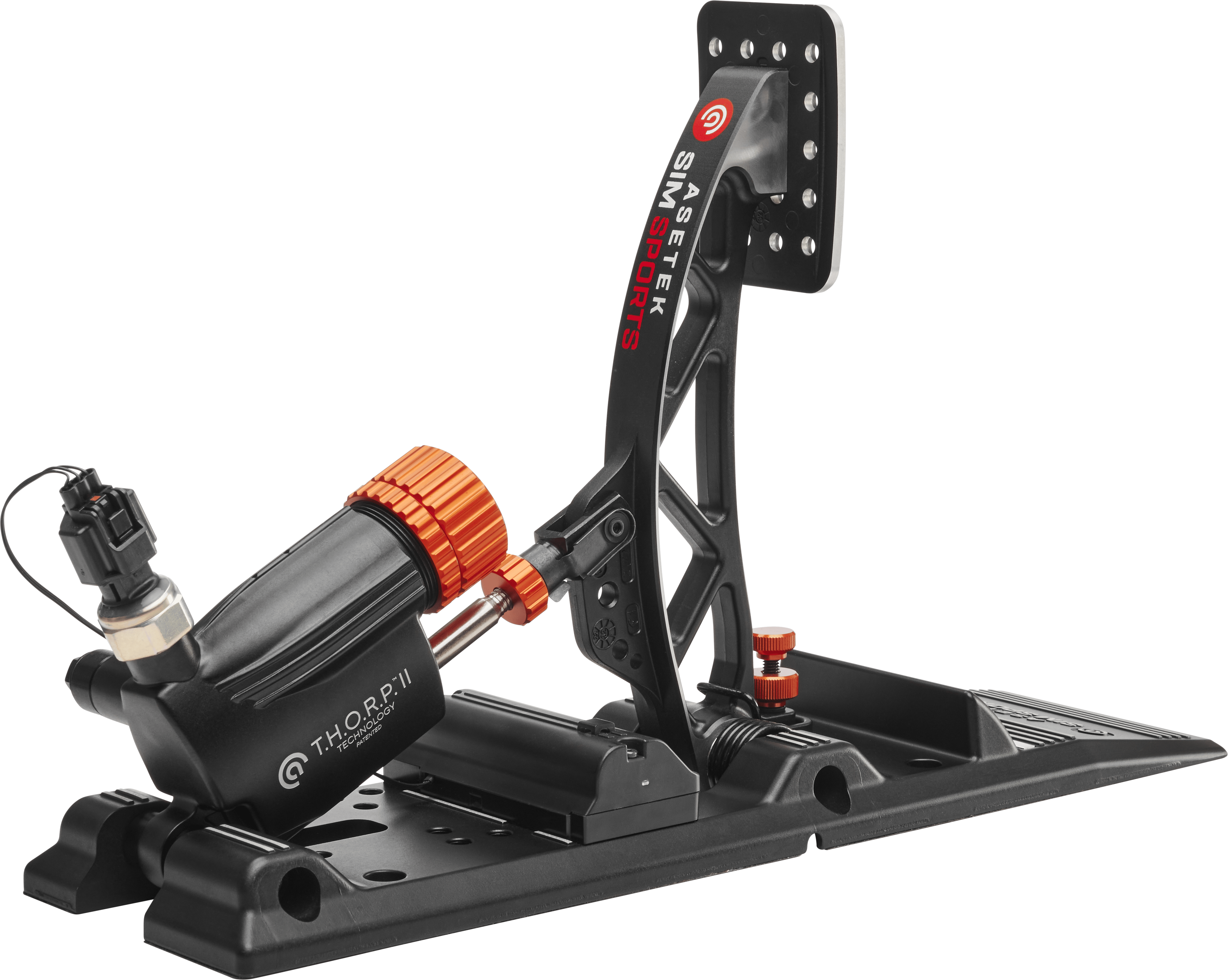 Asetek SimSports Invicta S-Series T.H.O.R.P. II racing pedals with back-angled brake pedal and sleek design for sim racing setups.
