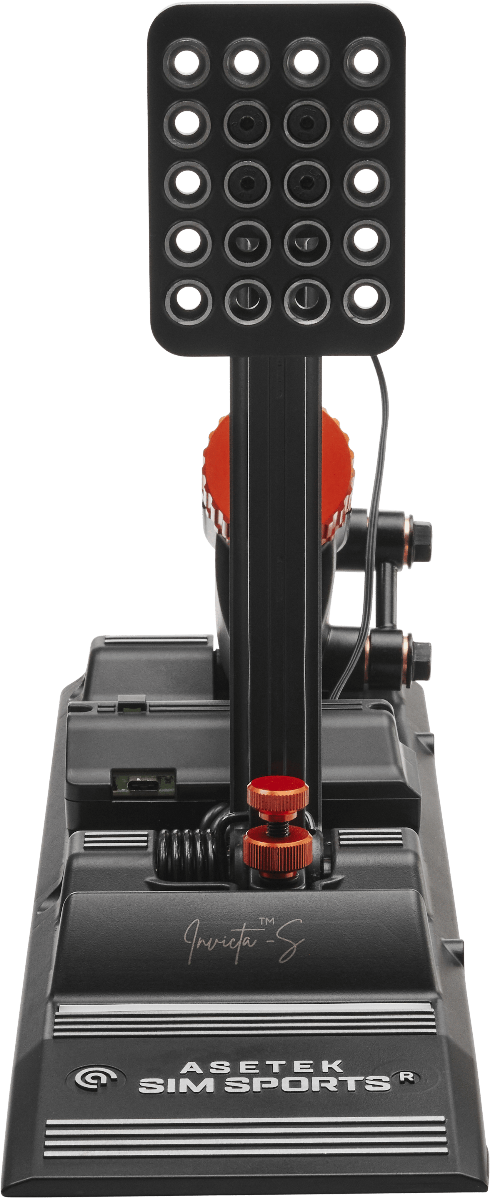 Asetek SimSports Invicta S-Series T.H.O.R.P. II racing pedals with front view of brake pedal in black and metallic finish.