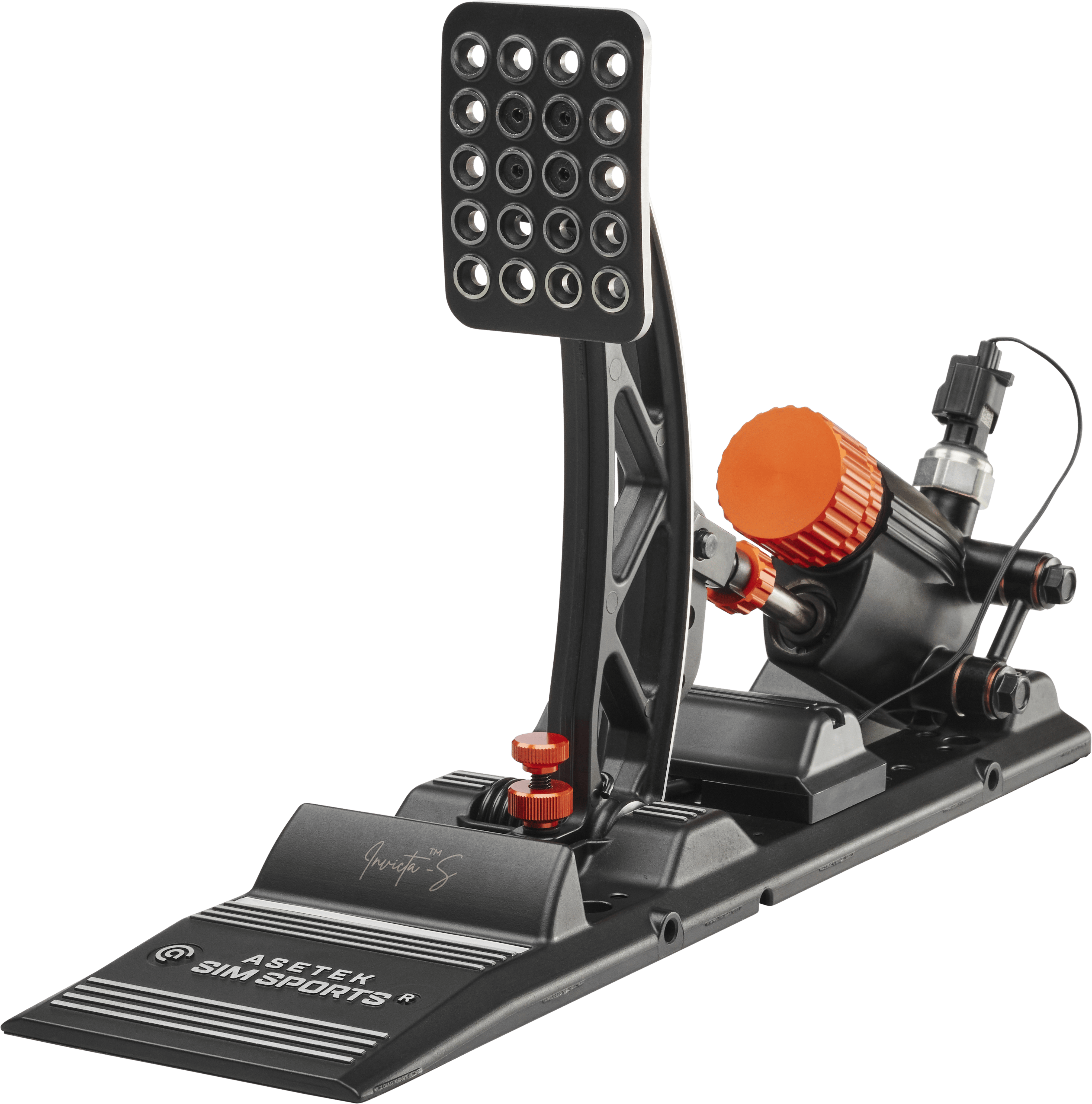 Asetek SimSports Invicta S-Series T.H.O.R.P. II racing pedals with front-angled brake pedal and textured surface for realistic feel