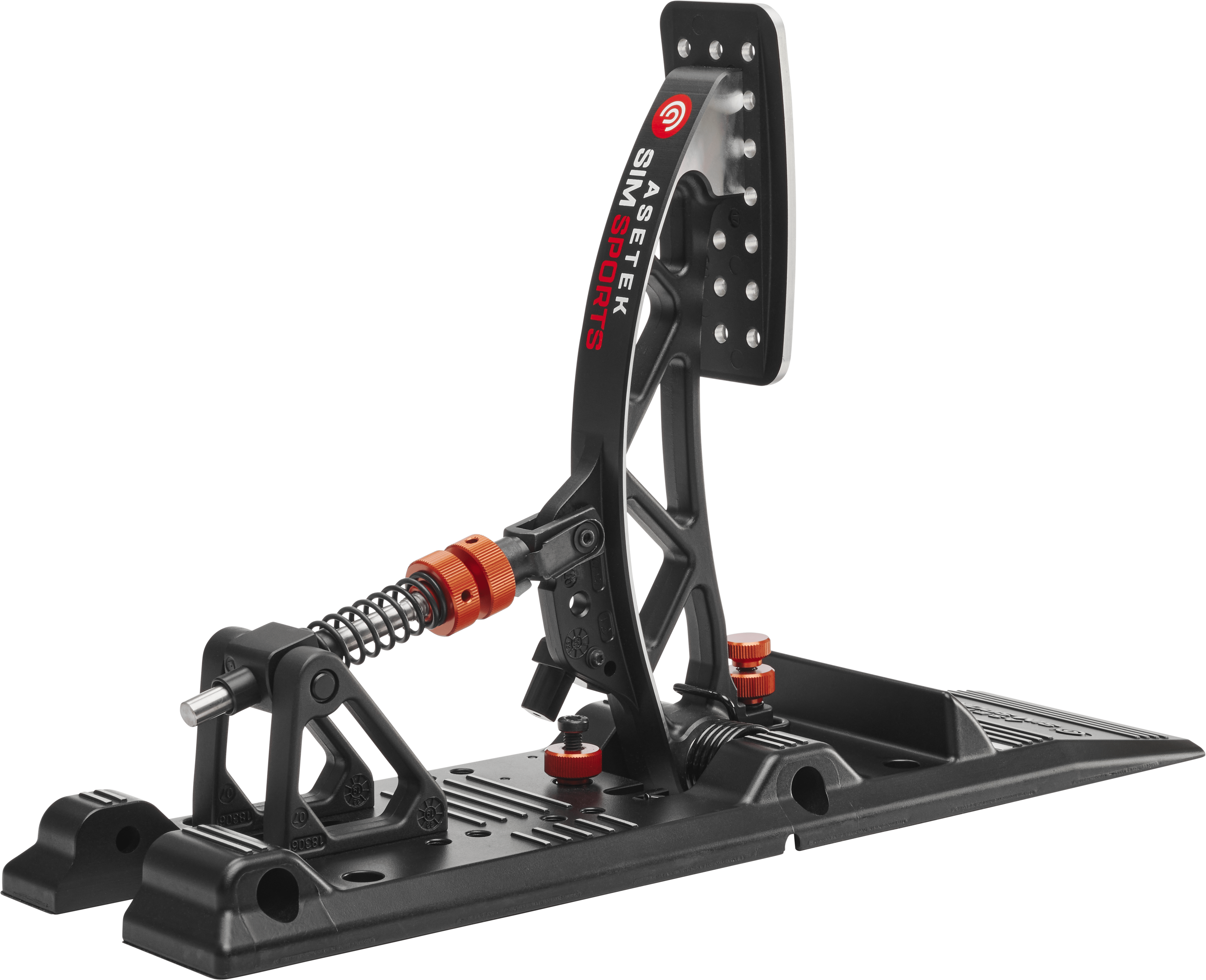 Asetek SimSports Invicta S-Series T.H.O.R.P. II pedal throttle with back angled view, showcasing detailed mechanical parts.
